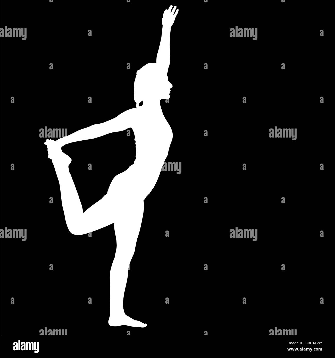 Silhouette négative d'une personne féminine effectuant l'exercice de yoga la danseuse Natarajasana Banque D'Images