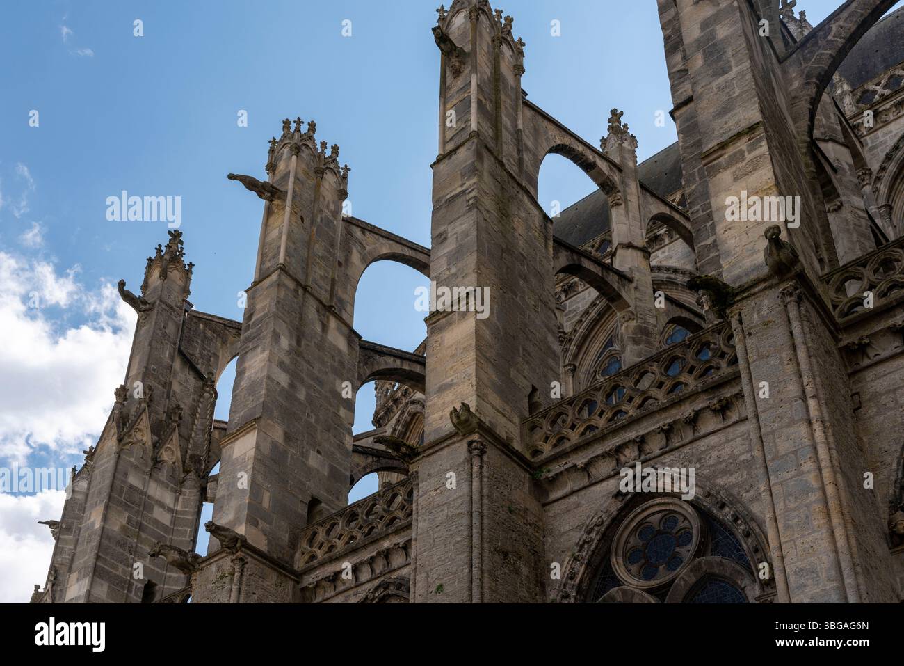Des contreforts gothiques volants et des pierres ornées illustrent la maîtrise architecturale médiévale des murs extérieurs de la cathédrale de Tours. Banque D'Images