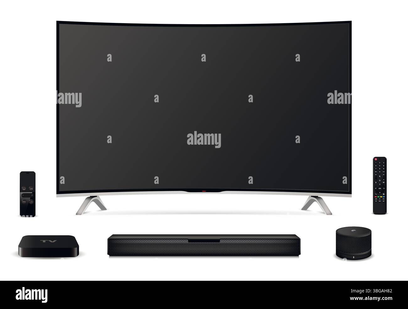 téléviseur incurvé Smart oled avec télécommande, barre de son, décodeur tv et haut-parleur intelligent isolé sur fond blanc. Illustration vectorielle. Illustration de Vecteur