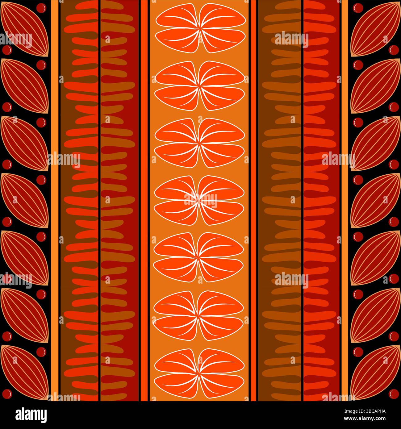 Ce motif sans coutures éclatant présente des éléments de design d'inspiration moderne du milieu du siècle dans des tons chauds orange et rouge. La composition géométrique comprend Illustration de Vecteur
