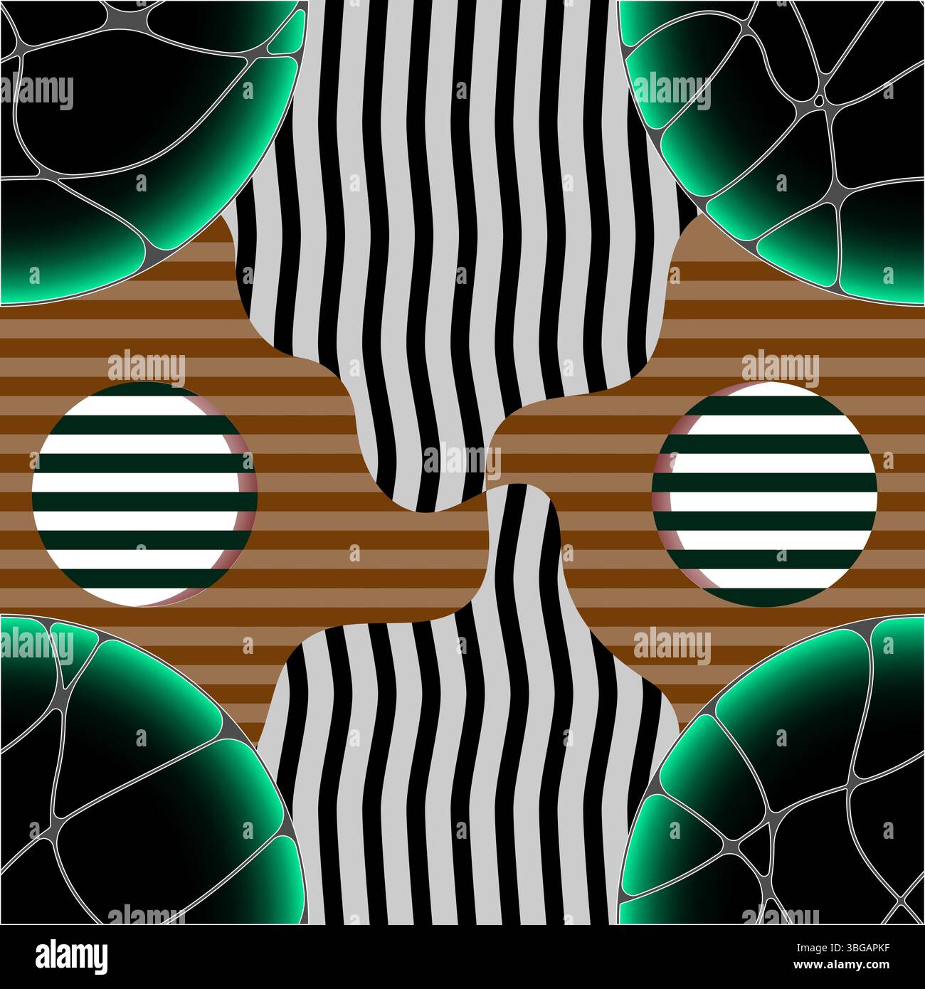 Motif vectoriel abstrait moderne avec des formes cellulaires vert émeraude vibrantes avec des contours blancs sur un fond noir, jumelé avec h brun Illustration de Vecteur