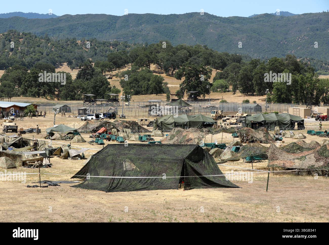 Soldats de l'armée américaine de la 800e compagnie de police militaire, de la 308e compagnie de police militaire et de la 127e compagnie de police militaire établis au Schoonover Field à Fort Hunter Liggett, pour Mojave Falcon, le 31 mai 2025. Des soldats de la 800e compagnie de police militaire, de la 308e compagnie de police militaire, du 127e bataillon de police militaire et du 311e commandement expéditionnaire de soutien collaborent à l’appui du Mojave Falcon, un exercice de la réserve de l’Armée de terre qui teste la préparation et les capacités de soutien d’une unité sur un champ de bataille d’un océan à l’autre dans un environnement d’opérations de combat à grande échelle (LSCO). Ceci Banque D'Images