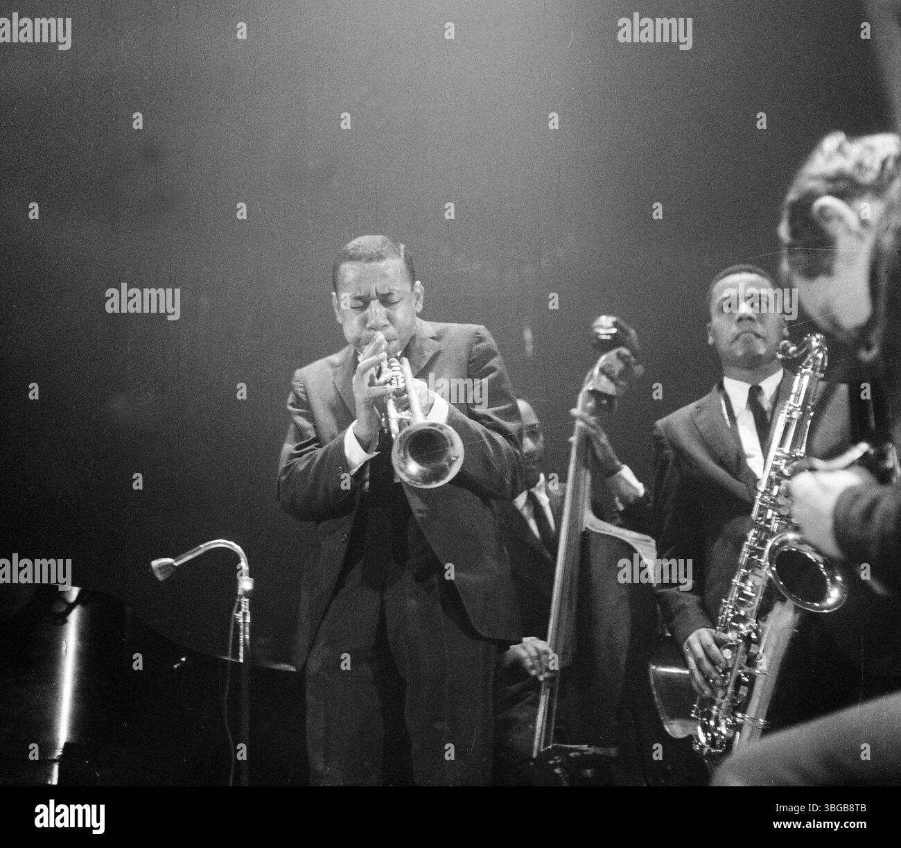 Lee Morgan (l jouant de la trompette) au Concertgebouw Amsterdam avec Art Blakey'sJazz Messengers le 15 novembre 1959. . Jymie Merritt (au centre) et Wayne Shorter (à droite) figurent également sur la photo. Edward Lee Morgan (10 juillet 1938 – 19 février 1972) est un trompettiste et compositeur de jazz américain. L'un des principaux musiciens hard bop des années 1960 et une pierre angulaire du label Blue Note, Morgan a pris de l'importance à la fin de son adolescence, enregistrant avec des chefs d'orchestre comme John Coltrane, Curtis Fuller, Dizzy Gillespie, Hank Mobley et Wayne Shorter, et jouant dans Jazz Messengers d'Art Blakey. Banque D'Images Lee Morgan (l jouant de la trompette) au Concertgebouw Amsterdam avec Art Blakey'sJazz Messengers le 15 novembre 1959. . Jymie Merritt (au centre) et Wayne Shorter (à droite) figurent également sur la photo. Edward Lee Morgan (10 juillet 1938 – 19 février 1972) est un trompettiste et compositeur de jazz américain. L'un des principaux musiciens hard bop des années 1960 et une pierre angulaire du label Blue Note, Morgan a pris de l'importance à la fin de son adolescence, enregistrant avec des chefs d'orchestre comme John Coltrane, Curtis Fuller, Dizzy Gillespie, Hank Mobley et Wayne Shorter, et jouant dans Jazz Messengers d'Art Blakey. Banque D'Images