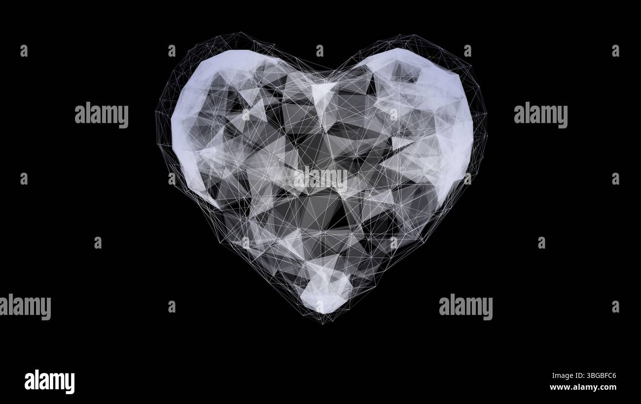 Forme de coeur de polygone numérique abstrait, isolé sur fond noir. illustration 3d. Banque D'Images