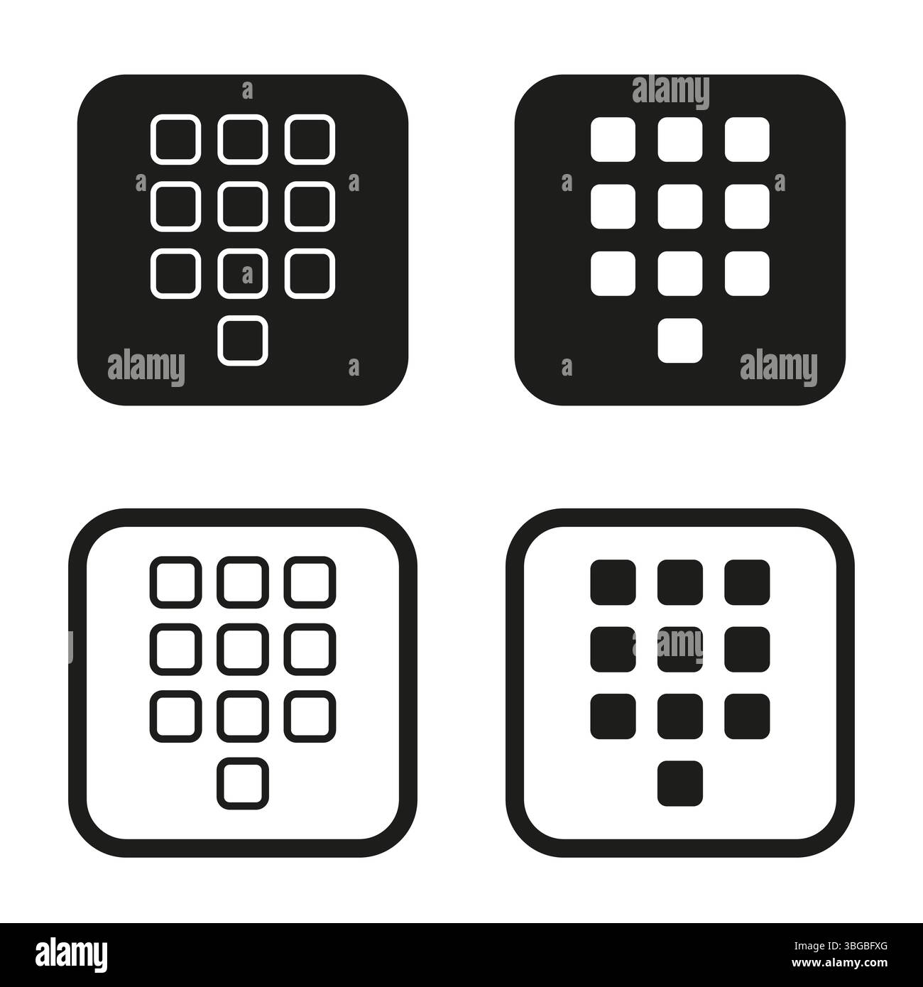Icônes du menu de l'application. Symboles de point de grille. Boutons mobiles Vector. Formes de disposition carrées. Illustration de Vecteur