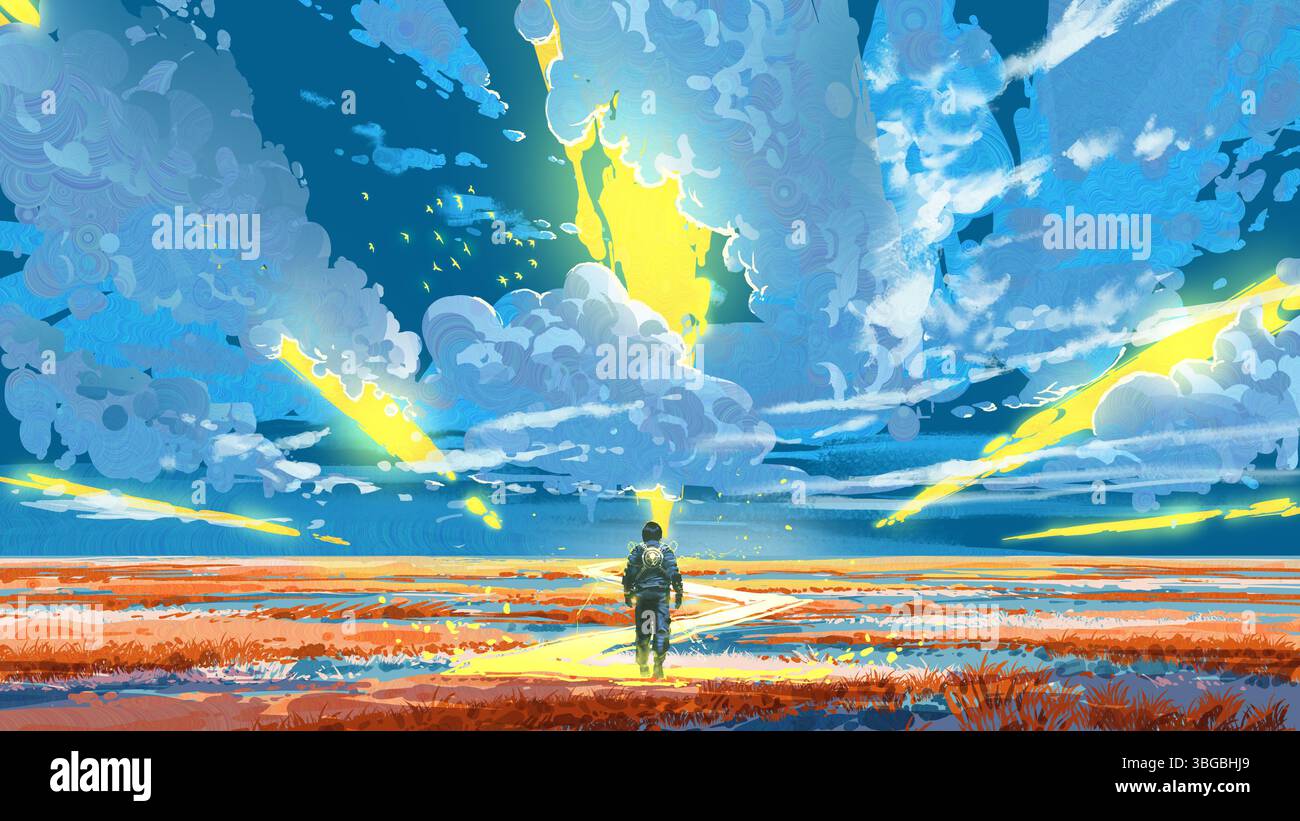 Un voyageur solitaire en costume futuriste marche à travers un large champ rouge ouvert sous des rifts lumineux spectaculaires dans le ciel et des nuages tourbillonnants, art numérique Banque D'Images