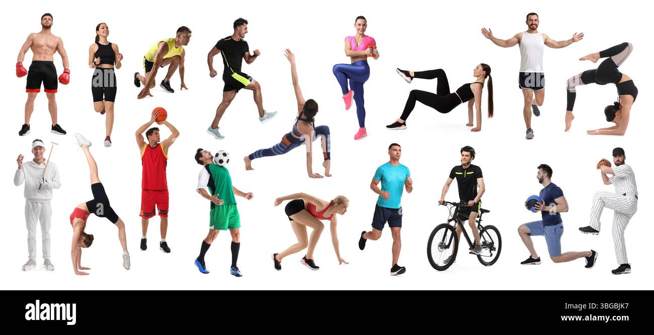 Les gens engagés dans différentes activités sportives sur fond blanc, collage Banque D'Images