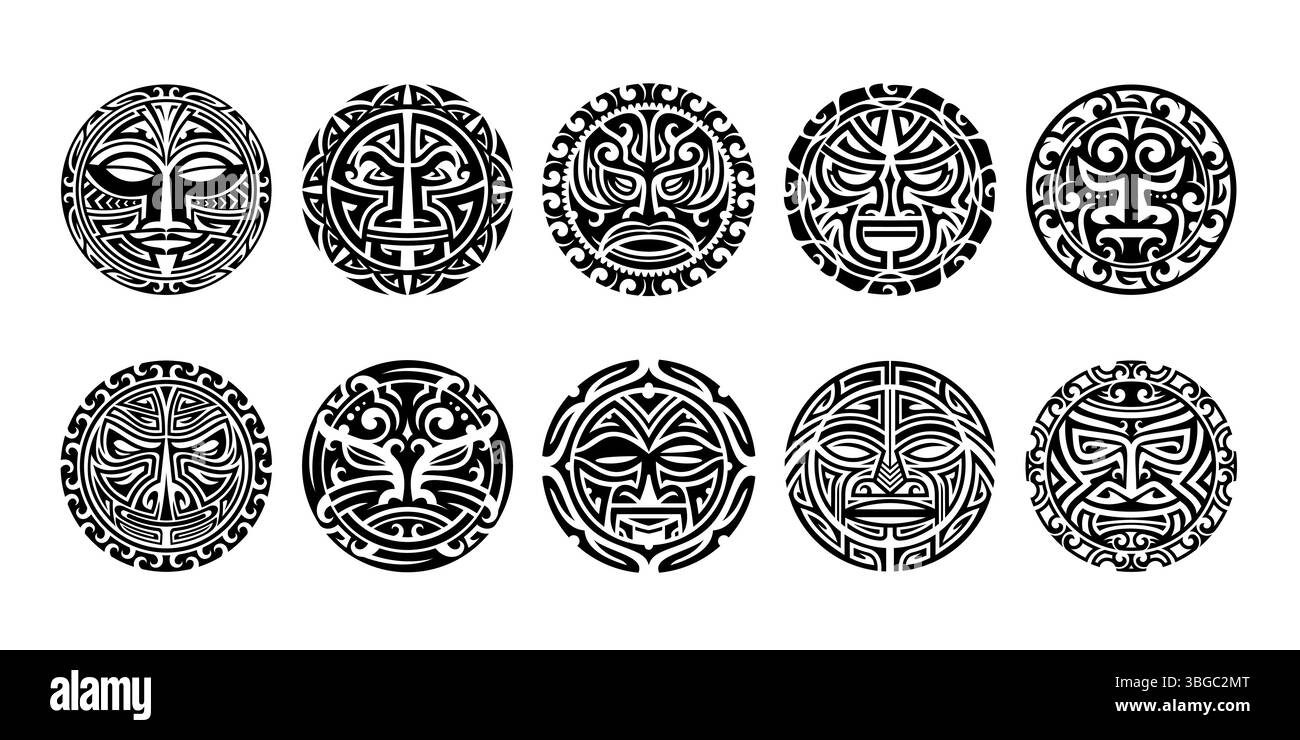 Cercles de tatouage tribal maori avec motif géométrique. Tatouages ronds polynésiens, maoris, aztèques ou mayas décorés de visages ethniques de soleil, de lune et de monstres, de formes géométriques abstraites et de tourbillons Illustration de Vecteur