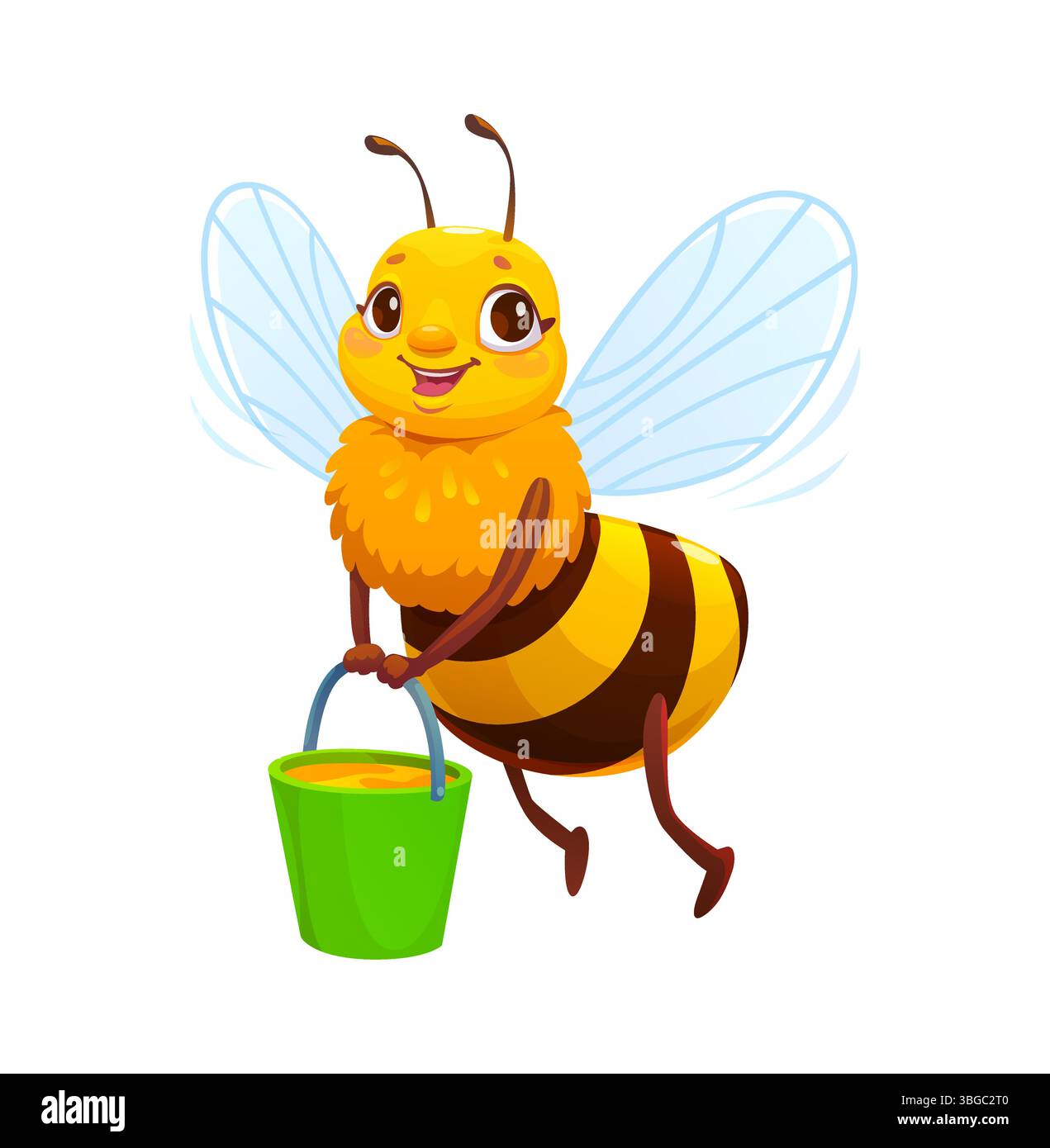 Personnage d'abeille au miel de dessin animé volant avec un visage joyeux et tenant un seau vert rempli de miel. Vecteur drôle d'insecte jaune dégage le printemps, l'humeur de travail et l'énergie de pollinisation dans le rucher ou le jardin Illustration de Vecteur