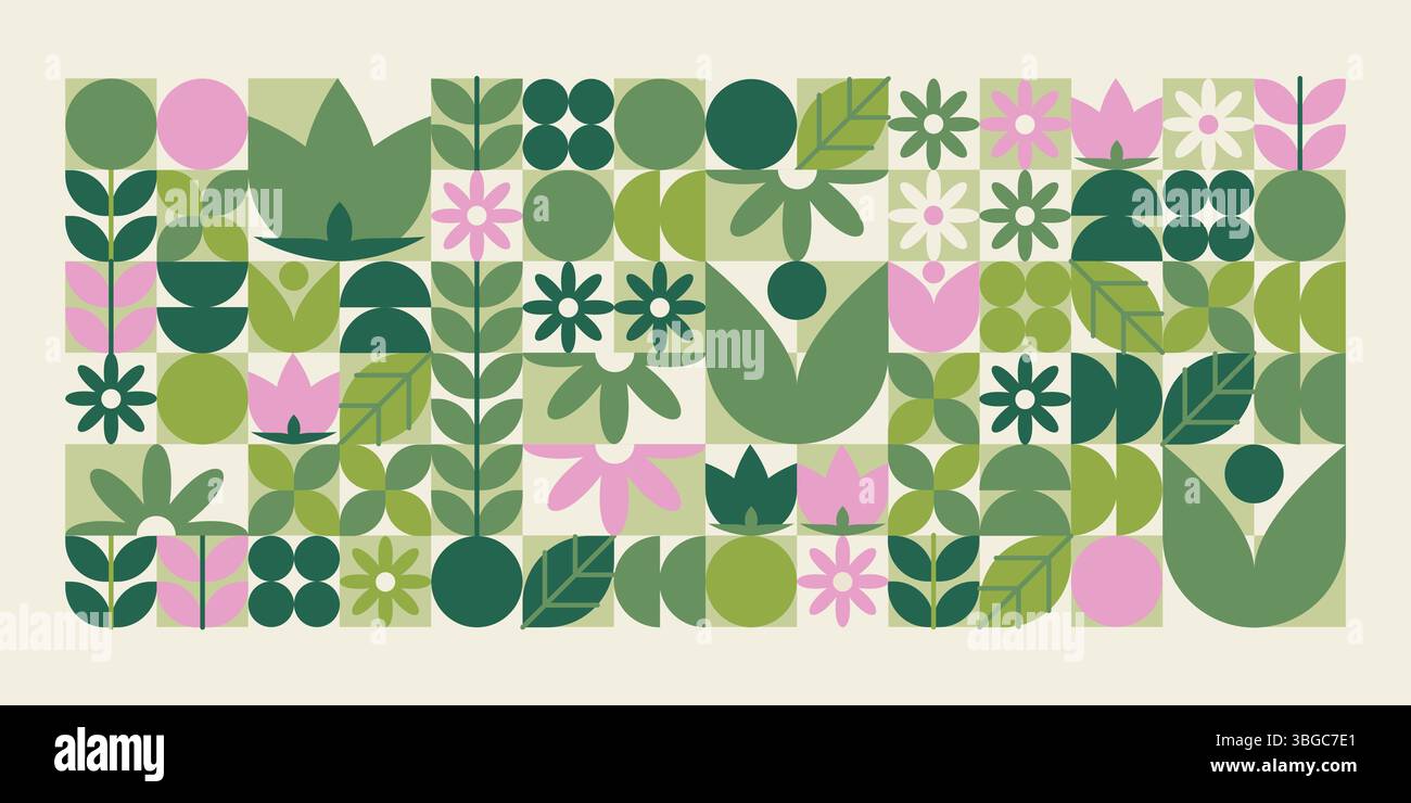 Motif géométrique de formes de fleurs - feuilles organiques plates simples, pétales et fleurs dans des tons vert clair et rose. Conception de fond moderne d'éléments floraux minimaux pour la conception de printemps ou de jardin. Illustration de Vecteur