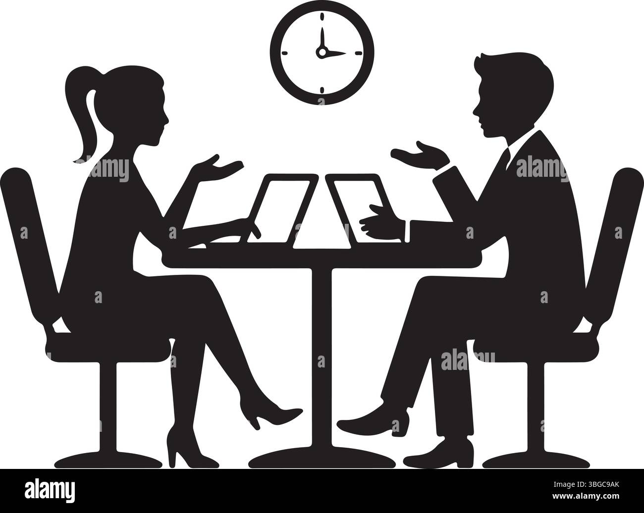 Silhouette de réunion d'affaires – discussion homme et femme avec ordinateurs portables et horloge Illustration de Vecteur