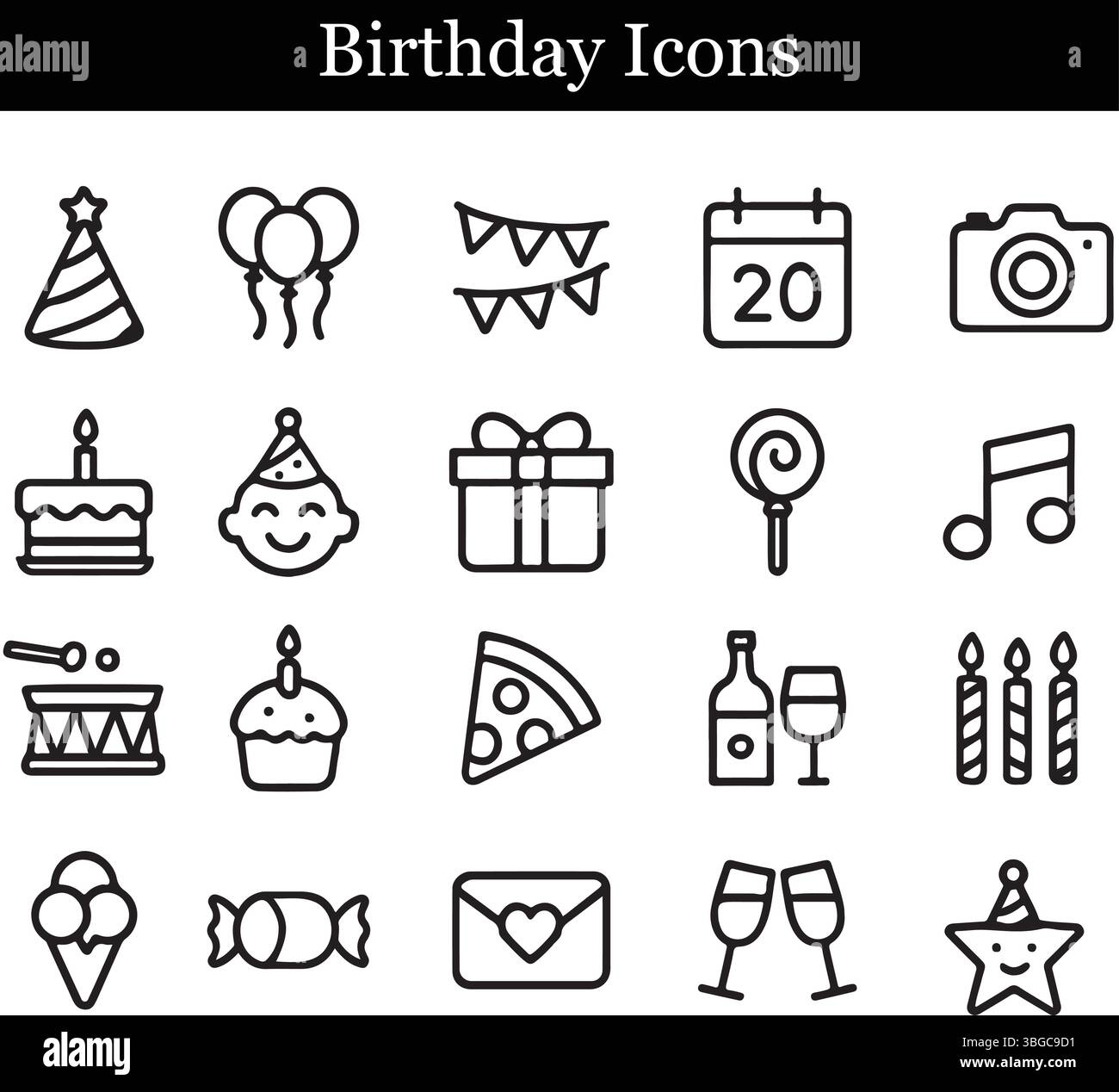 Ensemble d'icônes de célébration d'anniversaire – Collection d'illustrations au trait Party Elements Illustration de Vecteur