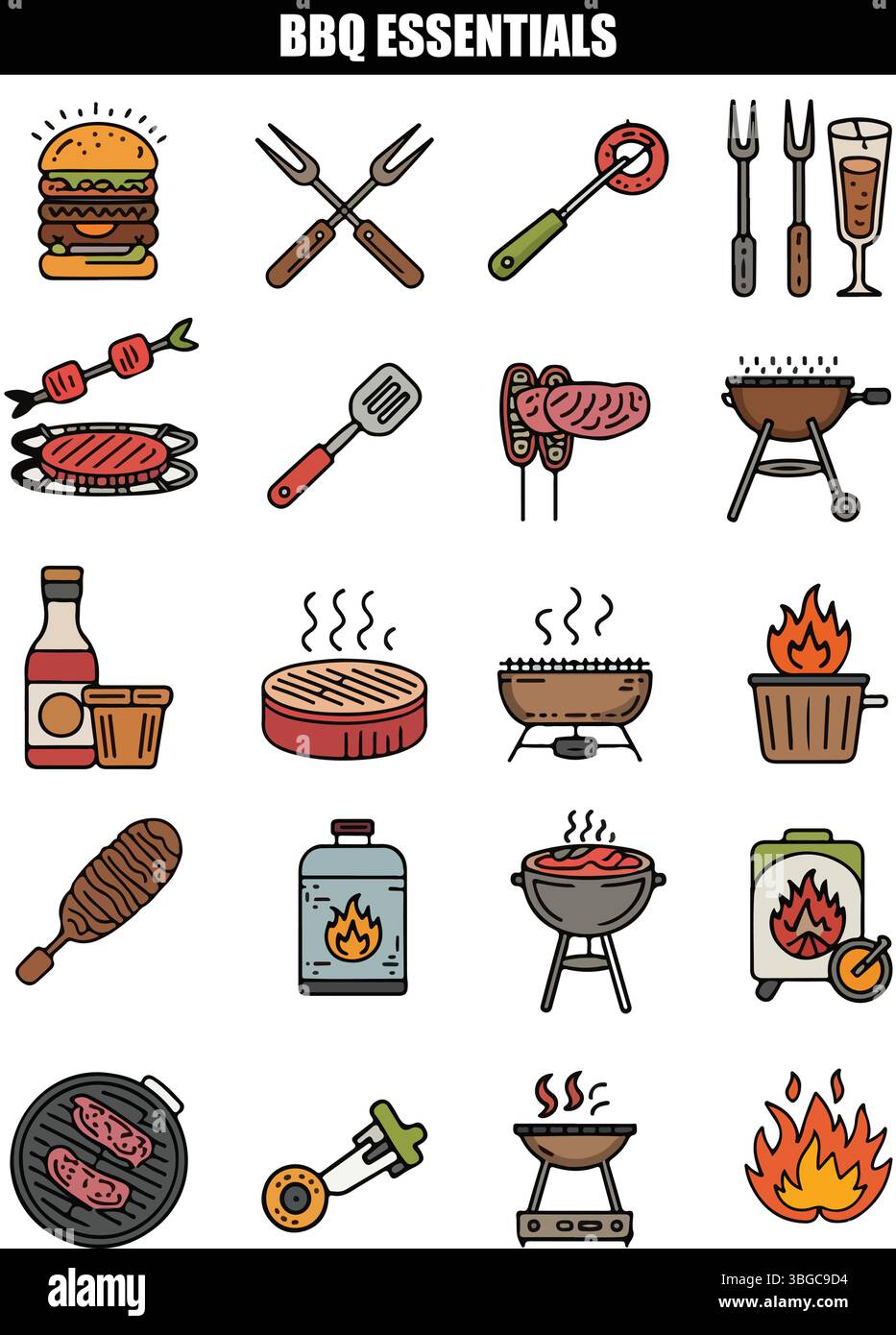 Ensemble d'icônes BBQ Essentials Illustration de Vecteur