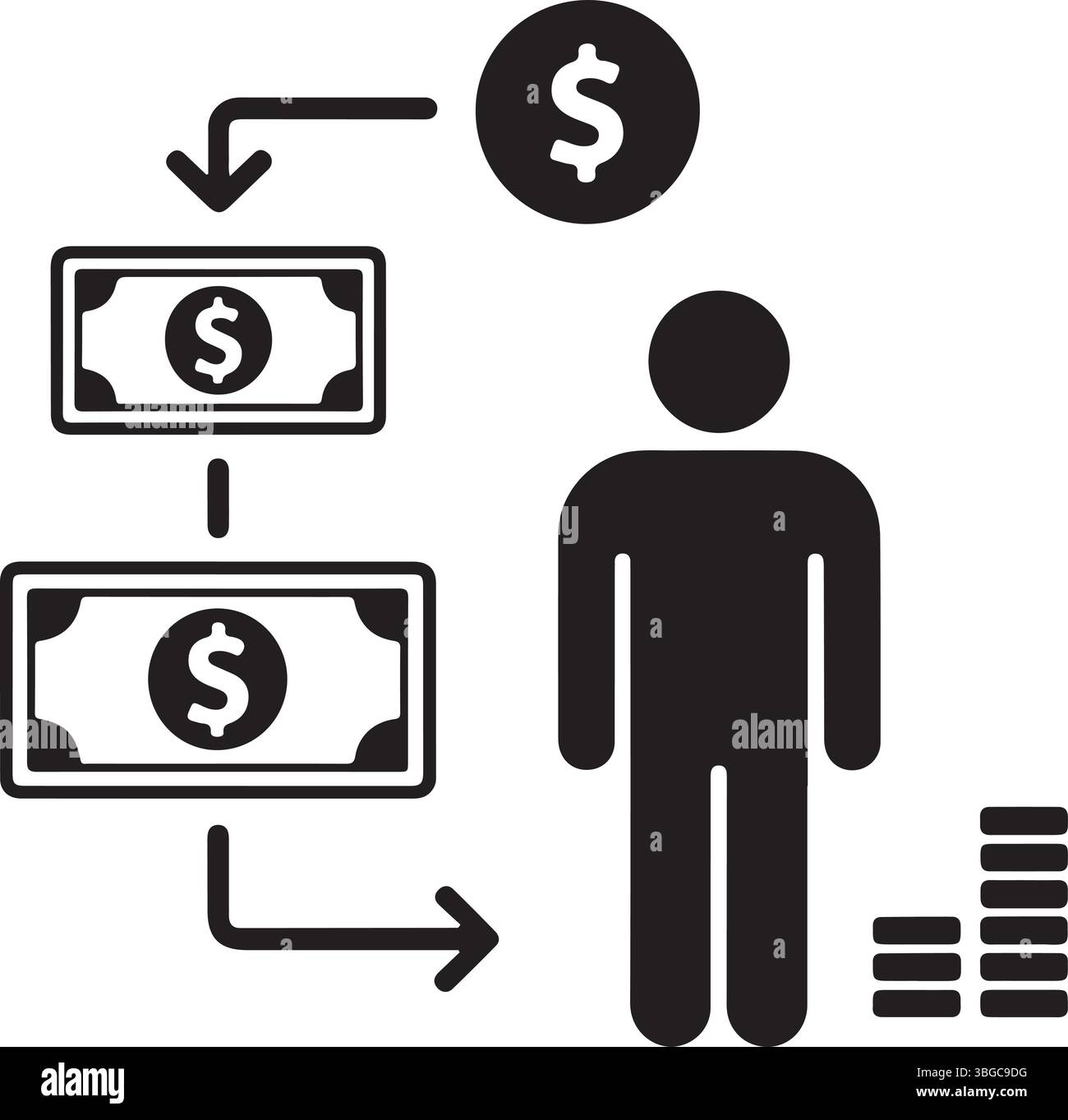 Icône de flux de revenu – concept de gain d'argent avec symbole de dollar et silhouette de personne Illustration de Vecteur