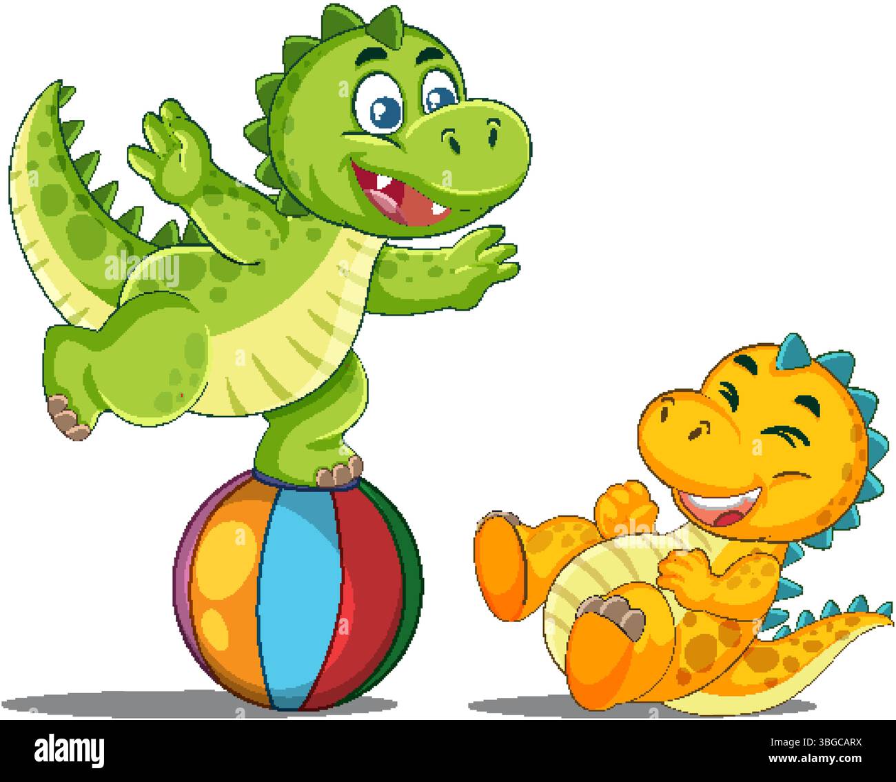 Deux dinosaures de dessin animé jouant joyeusement, un en équilibre sur une boule colorée. Les couleurs vives et les expressions joyeuses renforcent le thème ludique Illustration de Vecteur
