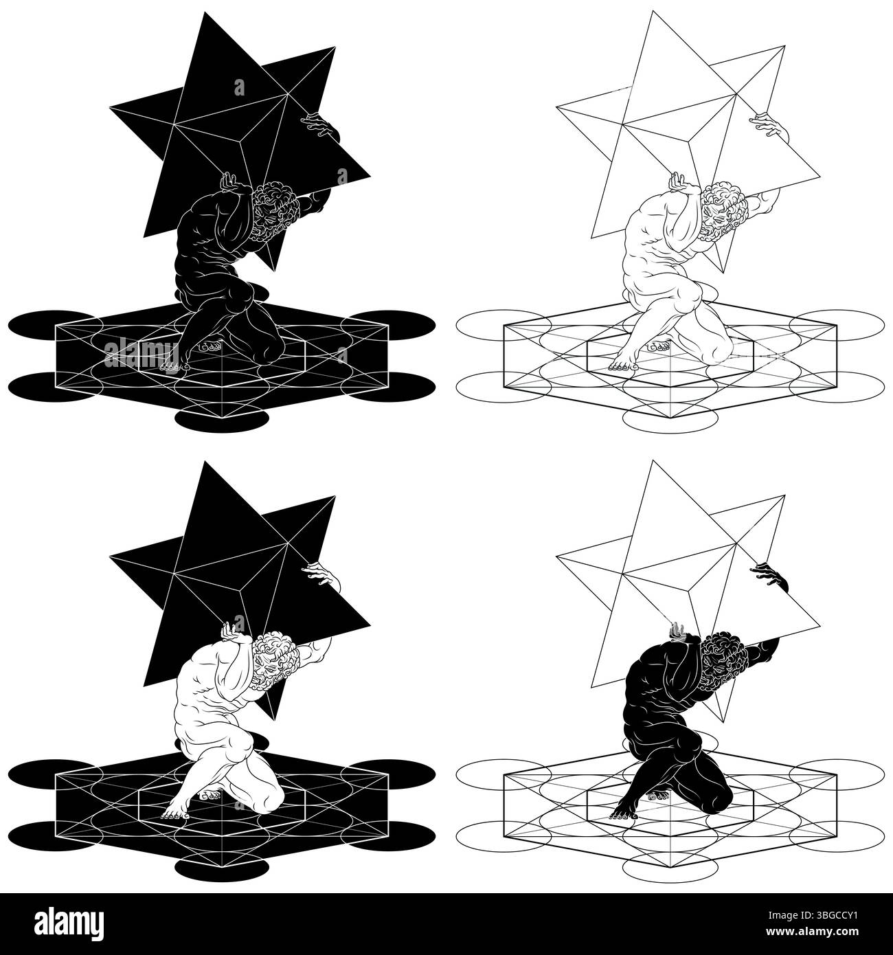 Titan Atlas tenant le symbole Merkaba sur ses épaules et avec Metatron, titan de la mythologie grecque à géométrie sacrée Illustration de Vecteur
