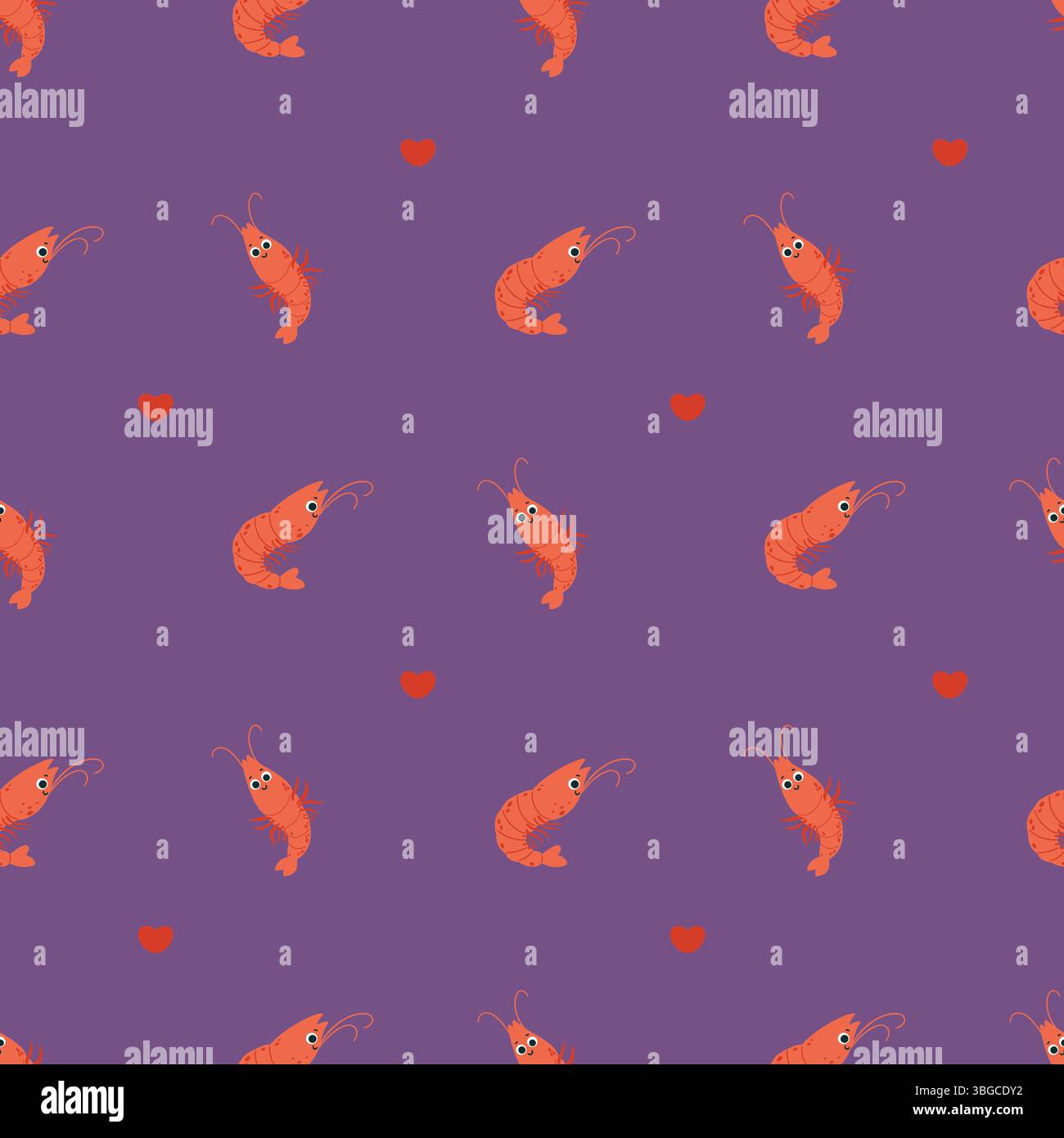 Motif sans couture avec animal de crevettes mignon sur fond violet foncé avec des coeurs. Illustration vectorielle Illustration de Vecteur