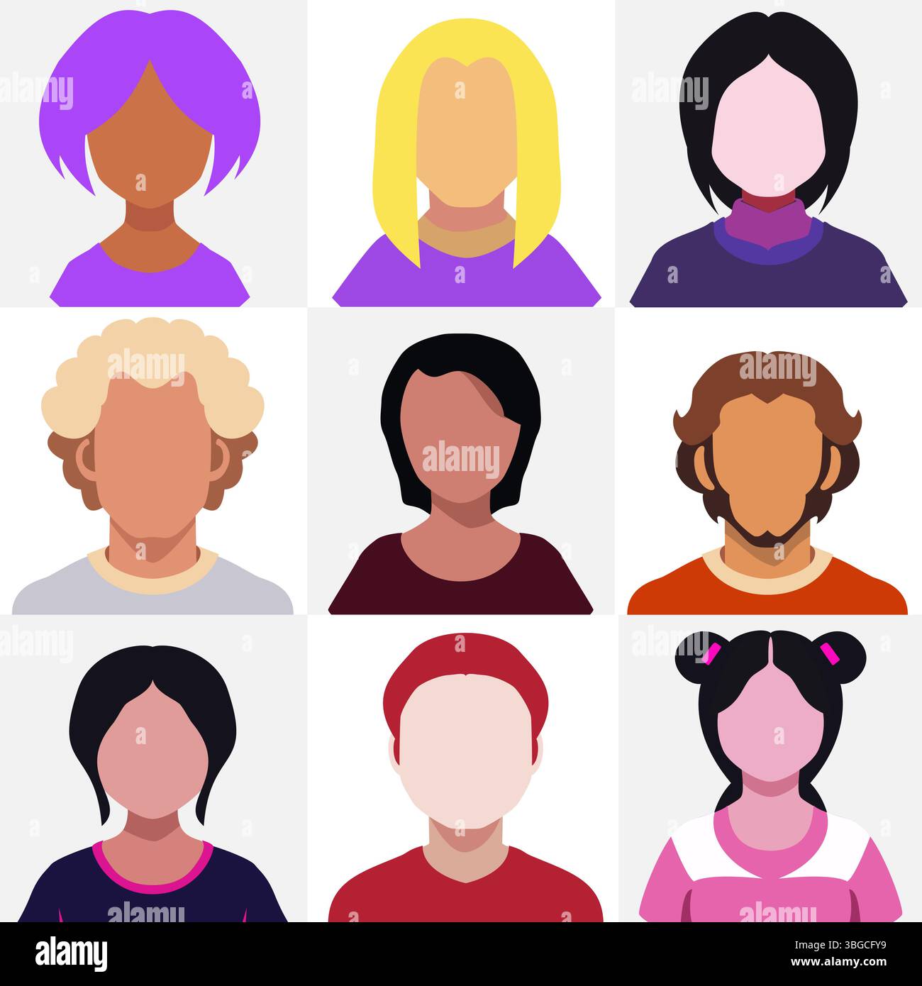 Ensemble de divers avatars humains sans visage avec différentes coiffures et tons de peau sur un fond clair. Illustration de Vecteur