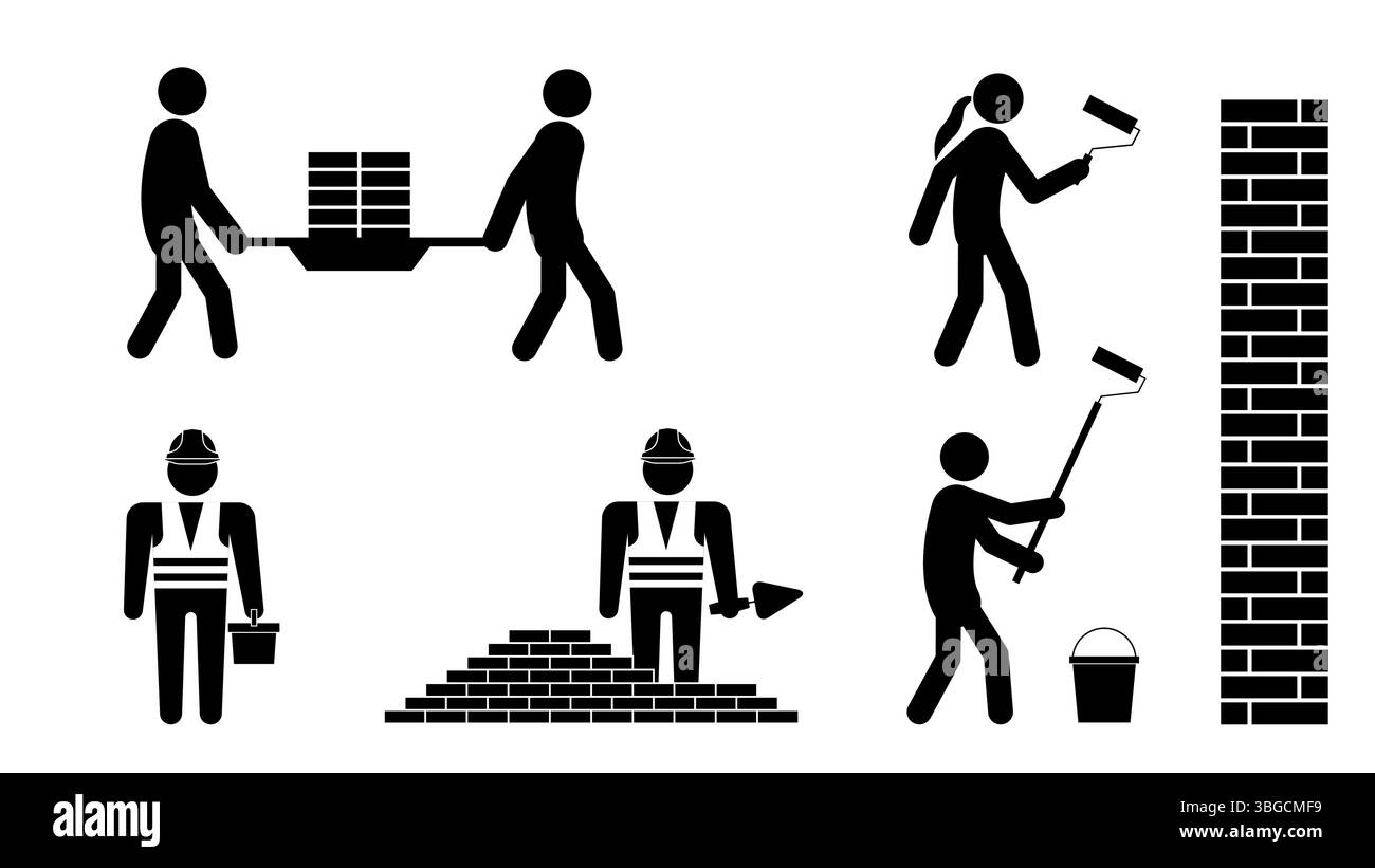 Ensemble de figures de bâton, construction et réparation, illustration vectorielle plate. Illustration de Vecteur