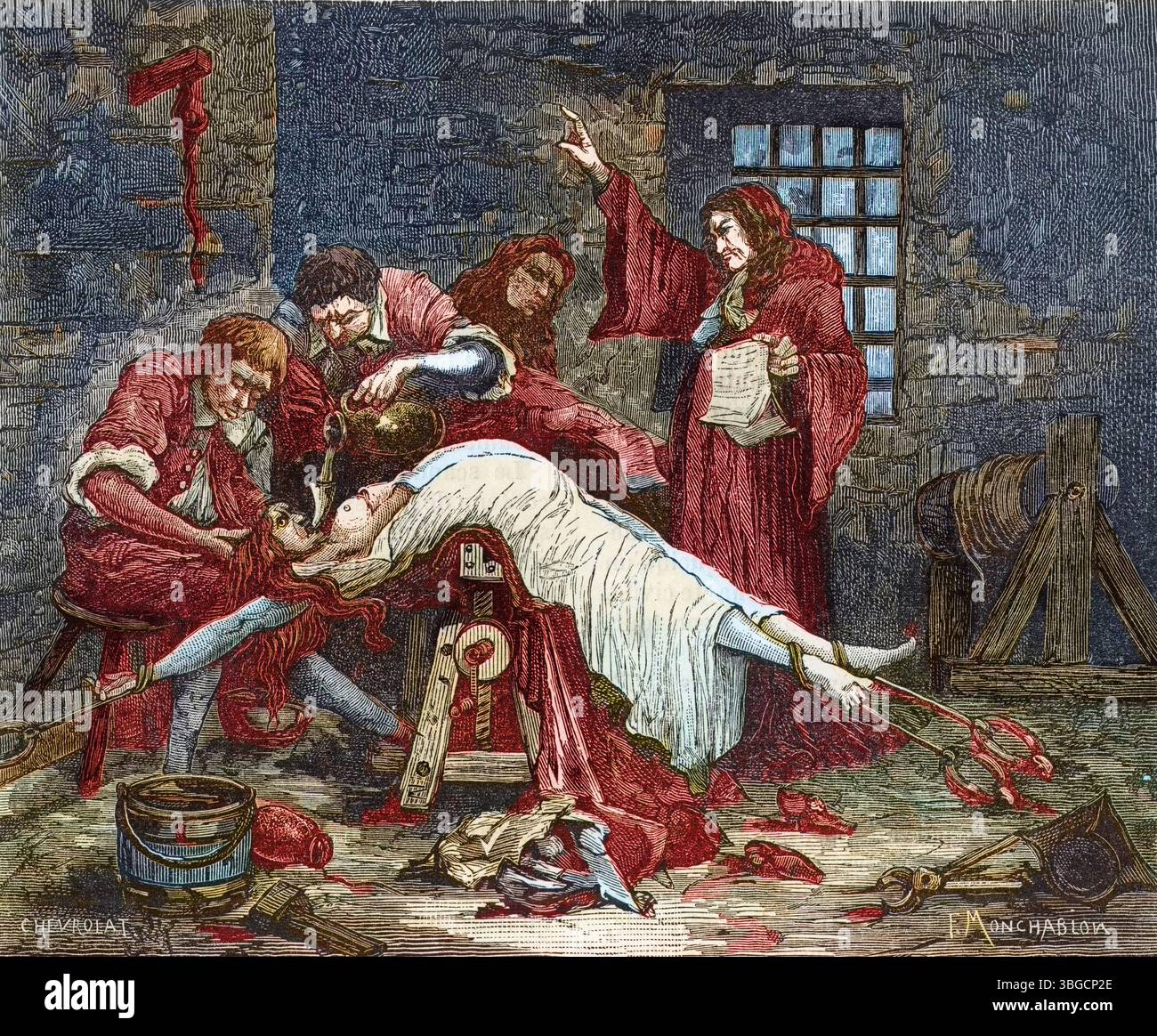 Cas des poisons : Madame de Brinvilliers (Marie Madeleine d'Aubray, marquise de Brinvilliers, 1630-1676) dans la salle des questions. Banque D'Images
