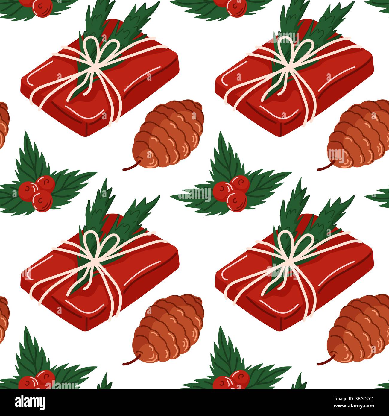 Cadeau de Noël enveloppé modèle sans couture avec pomme de pin et feuilles de houx dans le style de bande dessinée. Conception pour emballage de vacances, papier peint saisonnier et festif Illustration de Vecteur