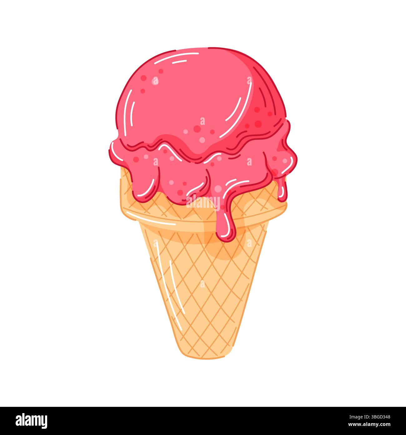 Cône de crème glacée cerise ou fraise avec cuillère de fonte rose dans le cône de gaufre dans le style de dessin animé. Conception de gelato ou sorbet pour le menu de desserts, sucré d'été ou Illustration de Vecteur