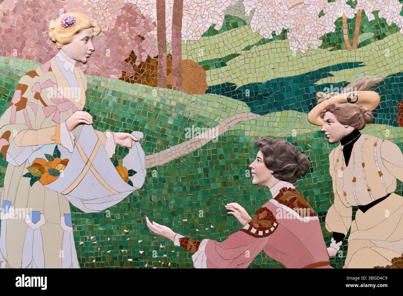 Mosaïques décoratives de Casa Lleó Morera, Barcelone, (gros plan), 1905-1906, mosaïque en céramique, Gaspar Homar (1870-1955), Josep Pey (Dibuix del plafó) (1875-1956), Antoni Serra (cap i Mans de porcellana) (1869-1932), Joan Carreras (Models en guix) (1860- ?), Museu Nacional D'Art de Catalunya, Barcelone, Espagne. Banque D'Images