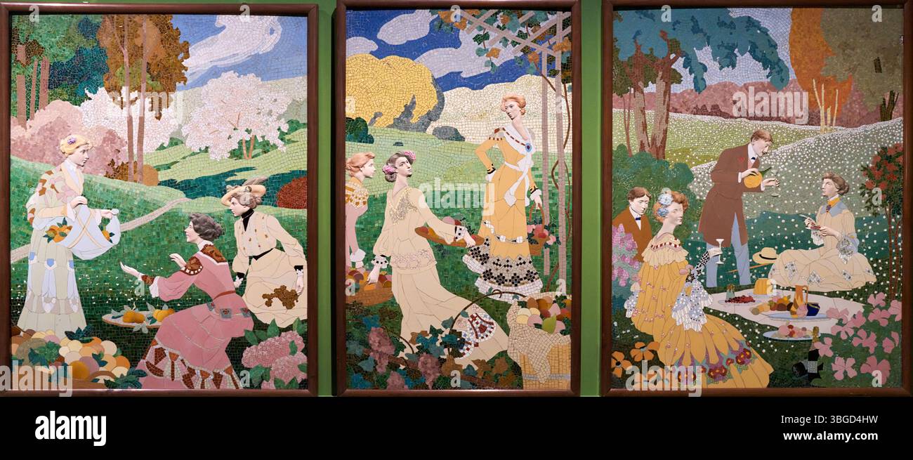 Mosaïques décoratives de Casa Lleó Morera, Barcelone, 1905-1906, mosaïque céramique, Gaspar Homar (1870-1955), Josep Pey (Dibuix del plafó)(1875-1956), Antoni Serra (cap i Mans de porcellana)(1869-1932), Joan Carreras (Models en guix)(1860- ?), Museu Nacional D'Art de Catalunya, Barcelone, Espagne. Banque D'Images