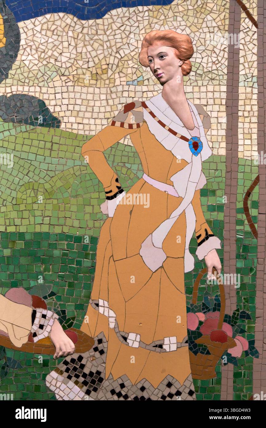 Mosaïques décoratives de Casa Lleó Morera, Barcelone, (gros plan), 1905-1906, mosaïque en céramique, Gaspar Homar (1870-1955), Josep Pey (Dibuix del plafó) (1875-1956), Antoni Serra (cap i Mans de porcellana) (1869-1932), Joan Carreras (Models en guix) (1860- ?), Museu Nacional D'Art de Catalunya, Barcelone, Espagne. Banque D'Images