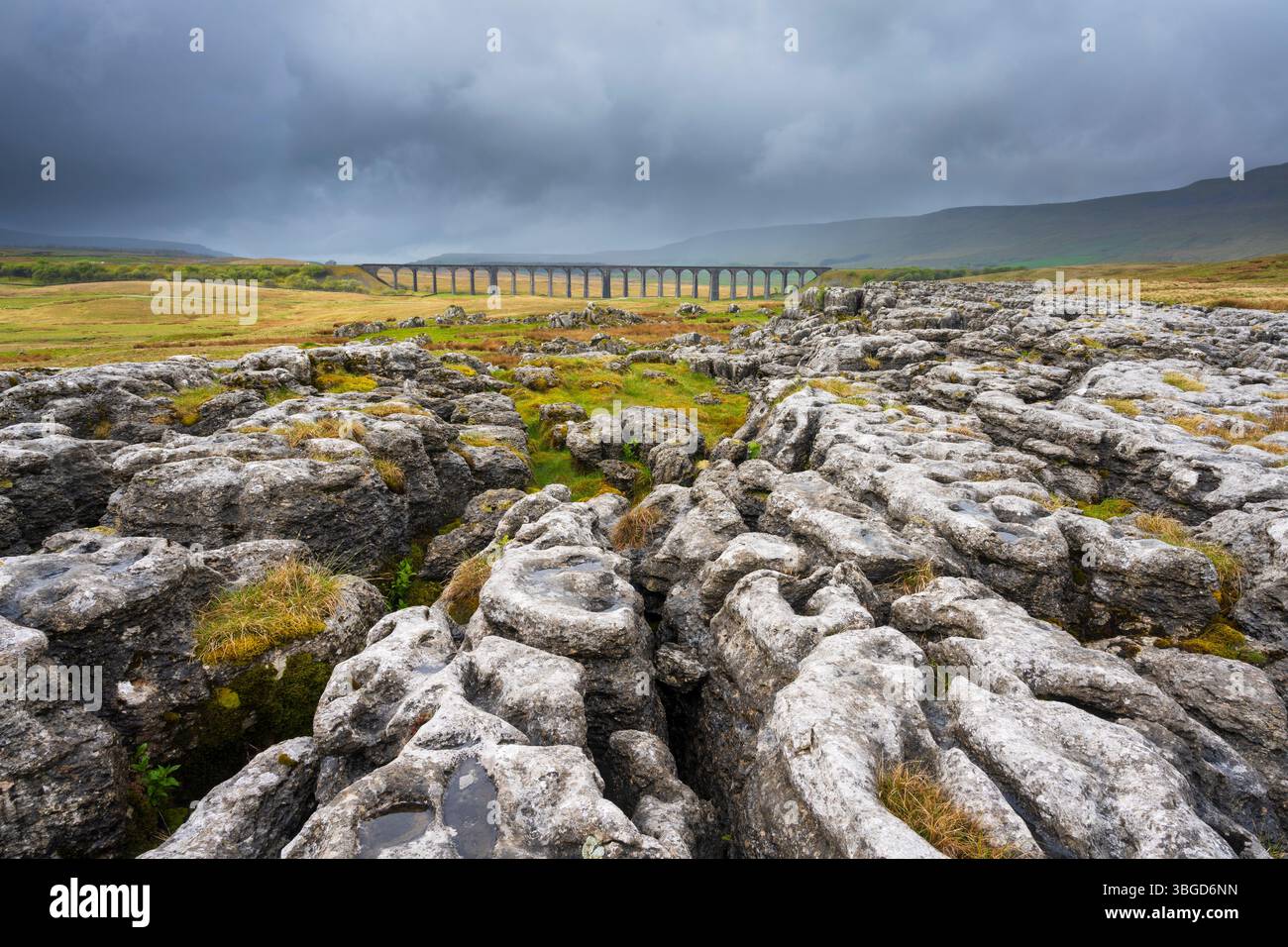 Angleterre, Yorkshire du Nord, Parc national des Yorkshire Dales. Viaduc de Ribblehead, un viaduc ferroviaire traversant la vallée de la rivière Ribble à Ribblehead. Banque D'Images