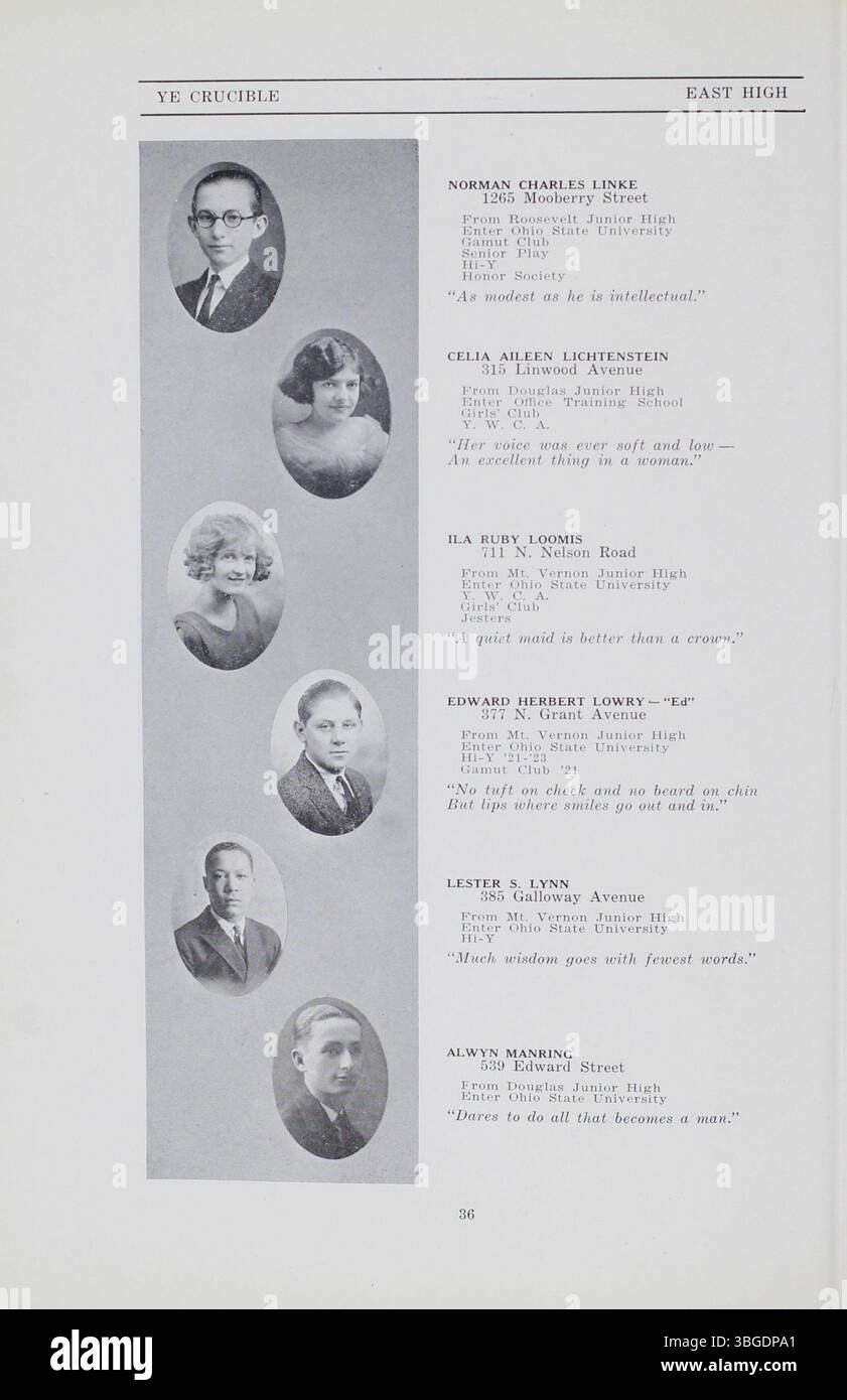 L'annuaire 1923 de l'East High School, intitulé Ye Crucible, présente le bâtiment de la deuxième East High School, situé au 1500 East Broad Street à Columbus, Ohio. Ce bâtiment, conçu par Howell & Thomas, a été achevé en 1922 et inauguré le 11 octobre 1923. L'école a subi une rénovation en 2008. Le bâtiment original East High, ouvert en 1899, était situé au 1390 Franklin Avenue et devint plus tard Franklin Junior High School après le déménagement. Banque D'Images