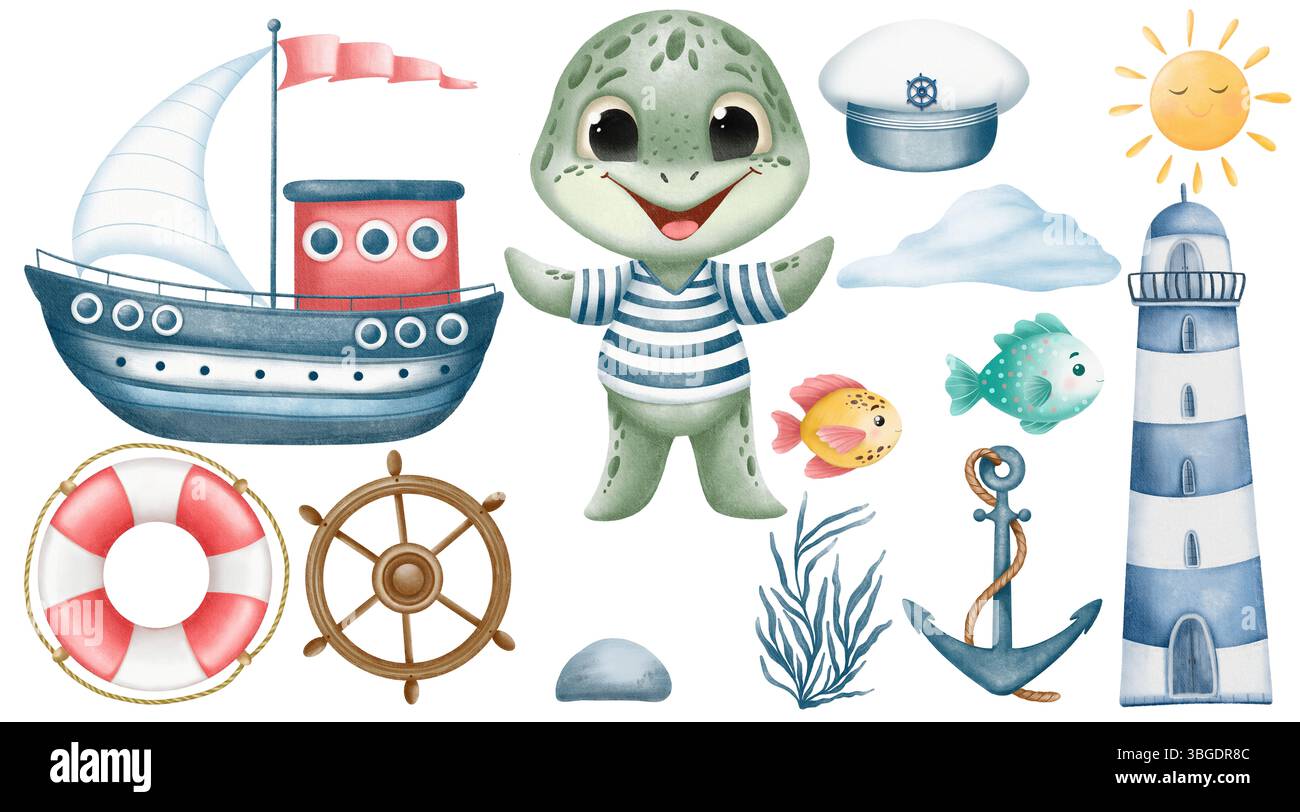 Illustration d'aquarelle nautique mignonne avec une tortue souriante dans une tenue de marin, navire, phare, ancre, animaux marins, et accessoires marins. Banque D'Images