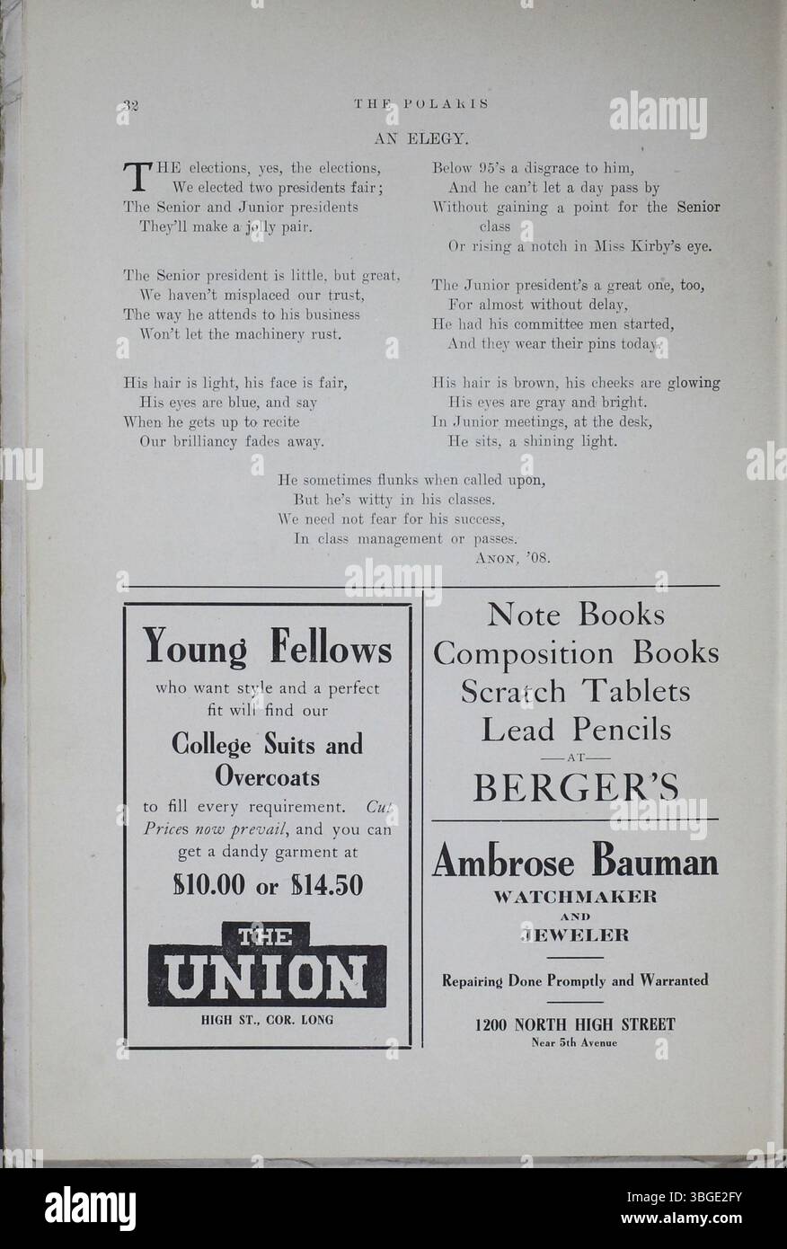 L'annuaire de 1908 de North High School, intitulé « The Polaris », relate l'histoire de l'école, son architecture et son leadership. Charles D. Everett, qui était directeur à partir de 1893, a dirigé l'école pendant plus de 35 ans. L'école, construite à l'origine en 1892-1893, était située au 100 West 4th Avenue et a ensuite été remplacée par un nouveau bâtiment au 100 East Arcadia Avenue en 1924. Banque D'Images