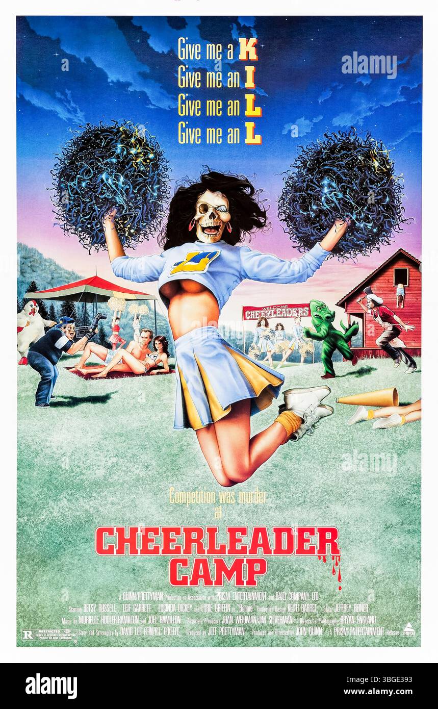 Cheerleader Camp (1988) réalisé par John Quinn et mettant en vedette Betsy Russell, Leif Garrett et Lucinda Dickey. Un groupe de cheerleaders devient la cible d'un tueur inconnu dans un camp d'été éloigné. Affiche AMÉRICAINE À une feuille POUR USAGE ÉDITORIAL UNIQUEMENT. Crédit : BFA / Prism Entertainment Banque D'Images