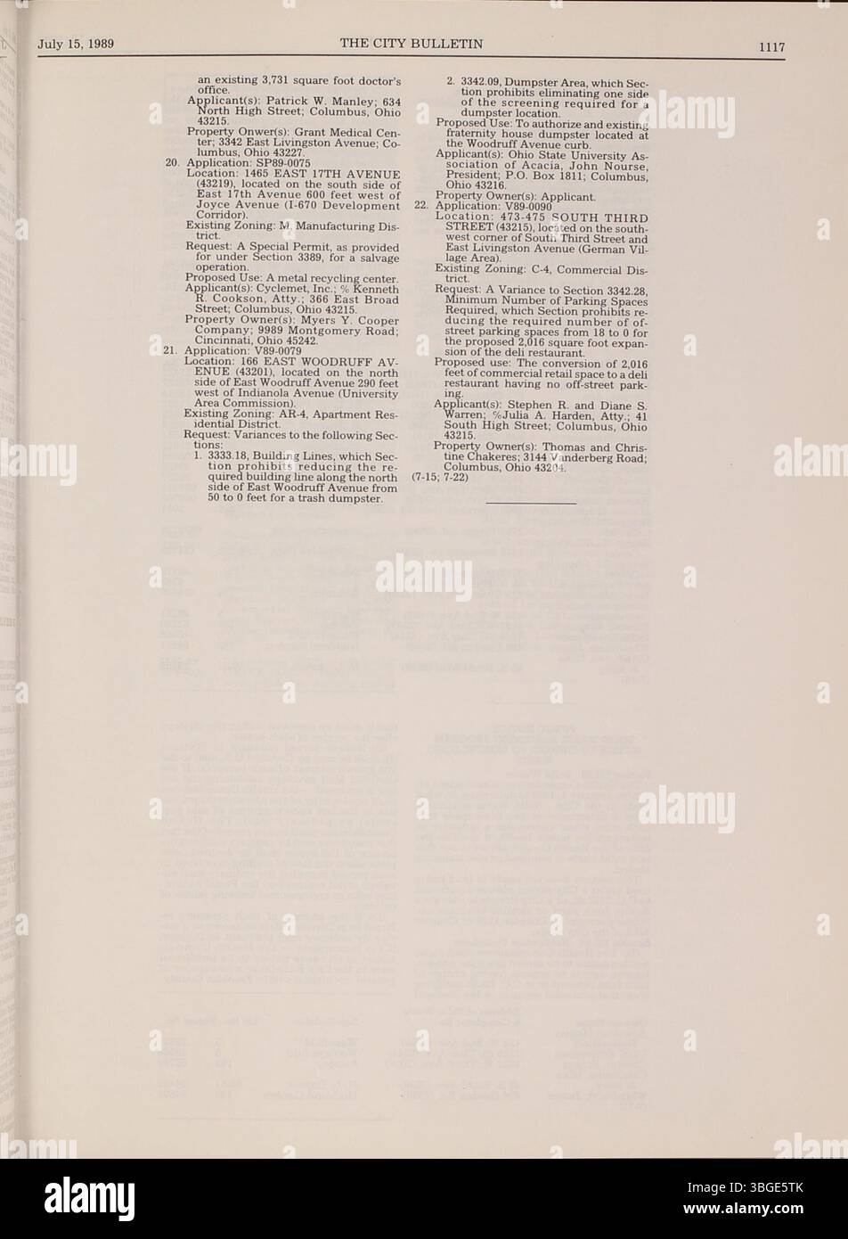 Cette section du Columbus City Bulletin de 1989 comprend les délibérations du conseil municipal, les annonces de soumissions, les ordonnances, les résolutions, les mises à jour de la fonction publique, et les activités du conseil d'achat. Banque D'Images