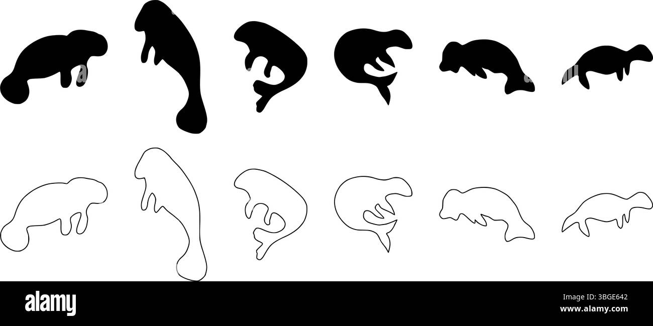 Ensemble de silhouette de lamantin, illustration vectorielle plate dessinée à la main noire d'un lamantin, logo de lamantin, vie marine Illustration de Vecteur