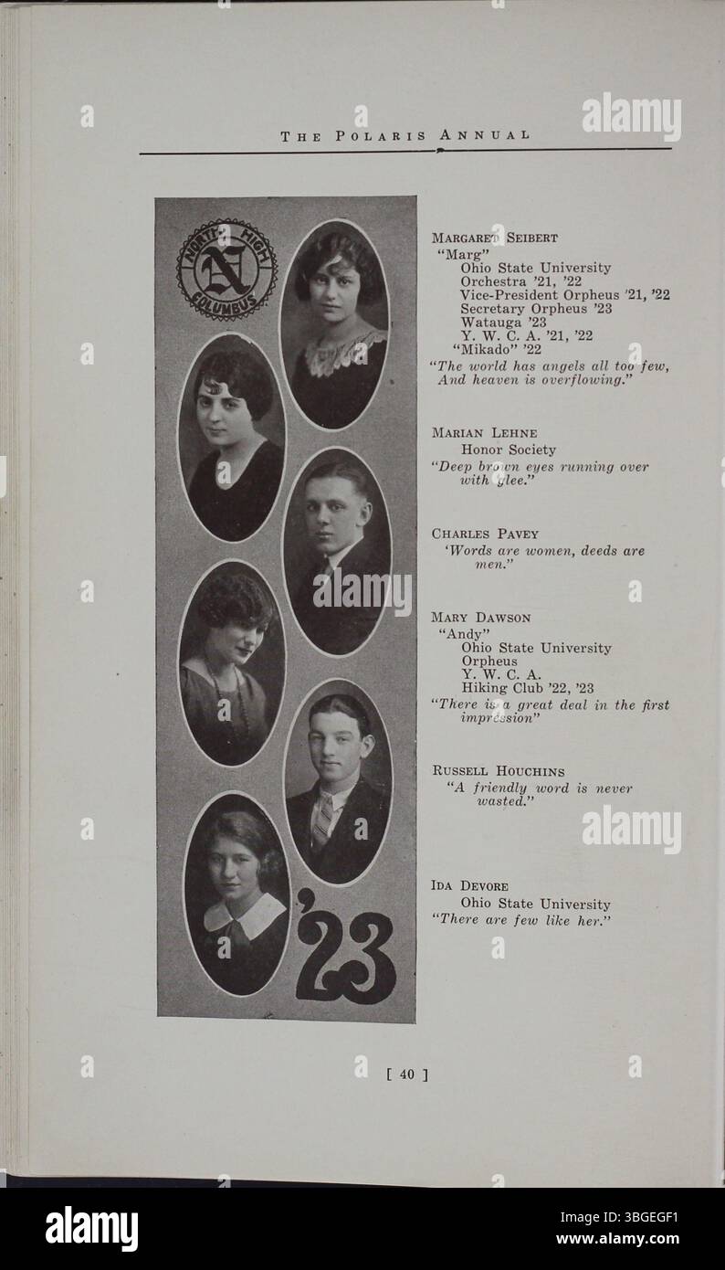 L'annuaire de l'école secondaire North 1923, The Polaris Annual, présente les détails historiques de la fondation de l'école. La première école, construite au 100 West 4th Avenue en 1892, était dirigée par Charles D. Everett en tant que principal. Le bâtiment de style Renaissance romane a été remplacé en 1924 par une nouvelle structure située au 100 East Arcadia Avenue. L'école a fermé en 1979 en raison de la baisse des inscriptions mais a rouvert en 2012 sous le nom de Columbus International High School. Banque D'Images