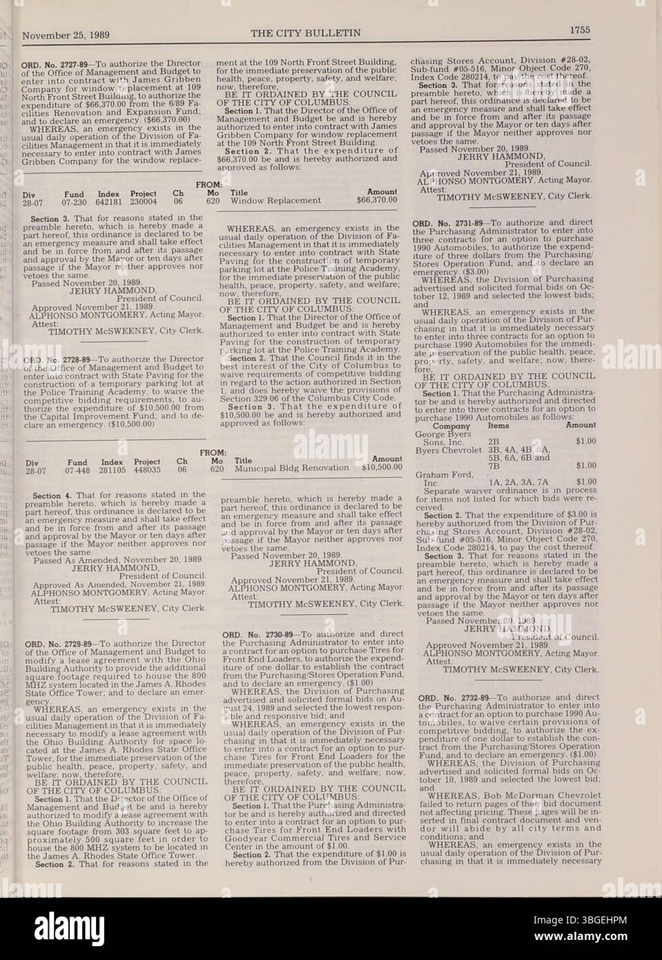 Cette section du Columbus City Bulletin de 1989 comprend les délibérations du conseil municipal, les annonces, les ordonnances, les résolutions, les mises à jour de la fonction publique, et les activités du conseil d'achat. Banque D'Images