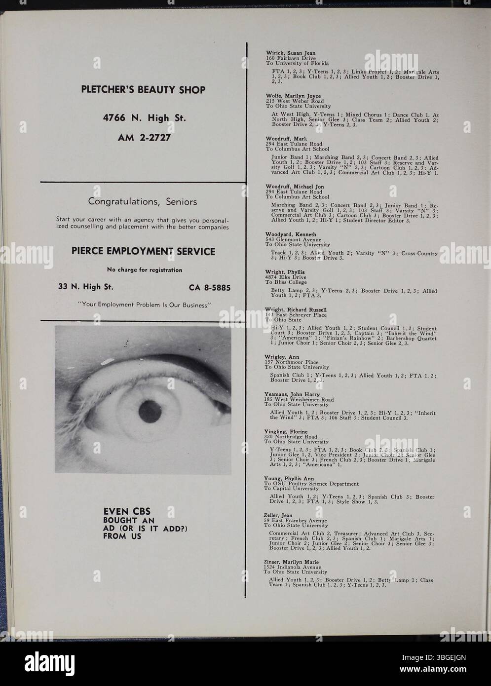 Cette page d'annuaire de 1960 de North High School, intitulée 'Memory Book', reflète la progression historique des bâtiments de l'école, y compris le design original roman Revival de Frank L. Packard, et la réouverture de l'école en 2012 sous le nom de Columbus International High School après une période de fermeture. Banque D'Images