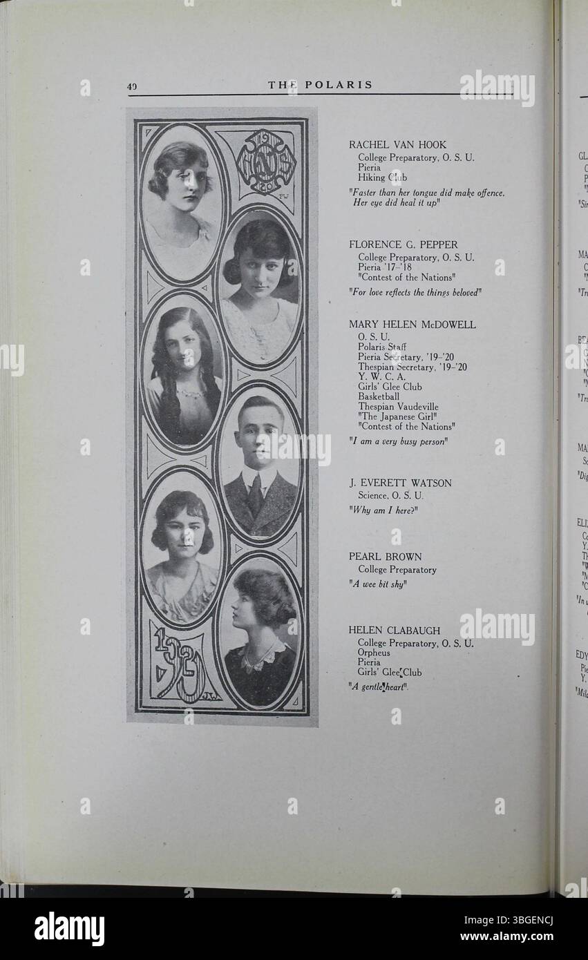 La page 42 de l'annuaire de l'école secondaire North de 1920, The Polaris Annual, souligne l'importance architecturale du premier bâtiment de l'école, conçu par l'architecte de Colomb Frank L. Packard. La structure Renaissance romane de trois étages au 100 West 4th Avenue a été achevée en 1893. Un nouveau bâtiment a remplacé la structure originale en 1924, et North High School a déménagé au 100 East Arcadia Avenue. Banque D'Images