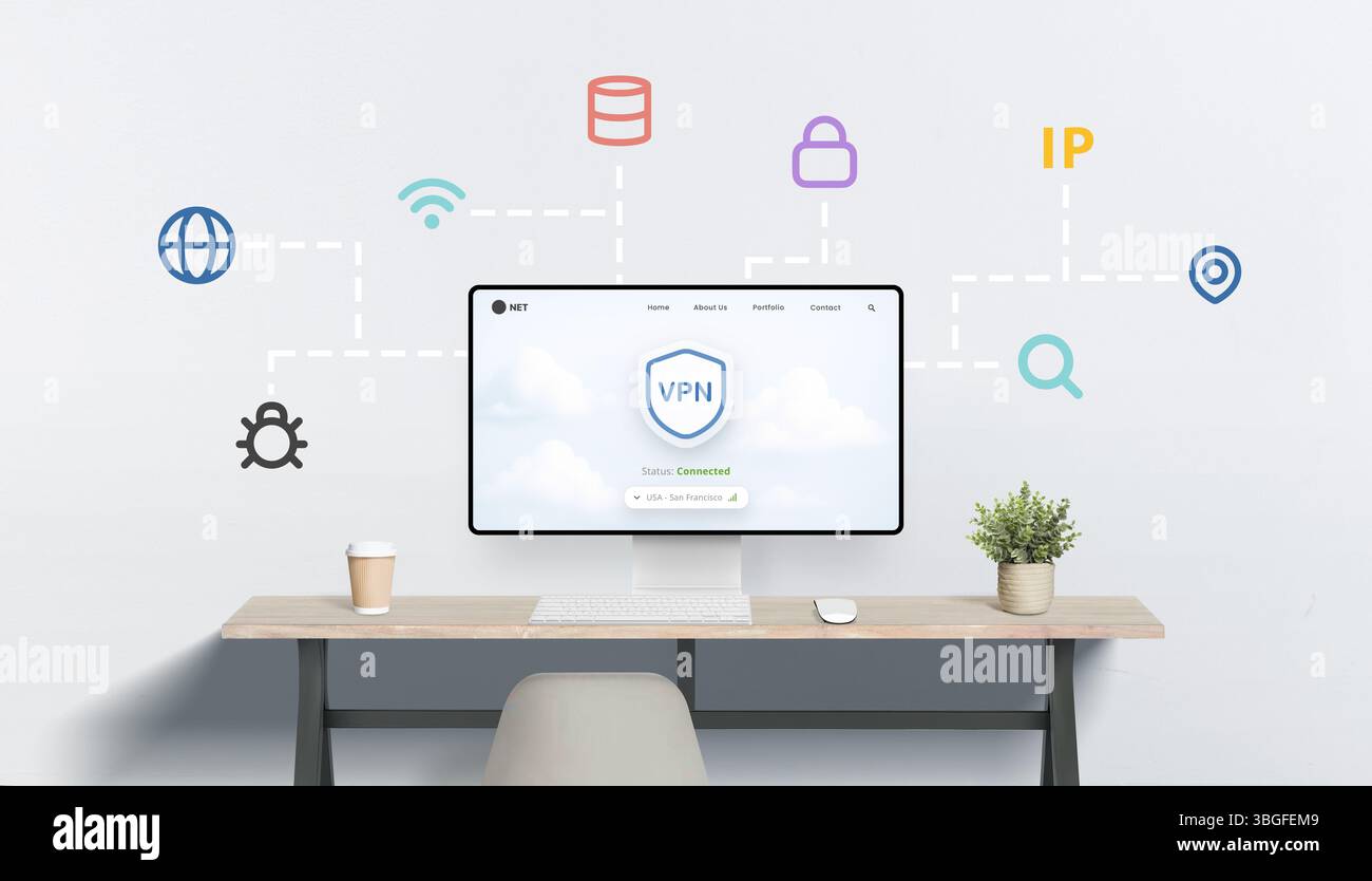 Tableau de bord VPN connecté avec des lignes visuelles reliant les icônes clés symbolisant le cryptage, l'accès global et la navigation sécurisée Banque D'Images