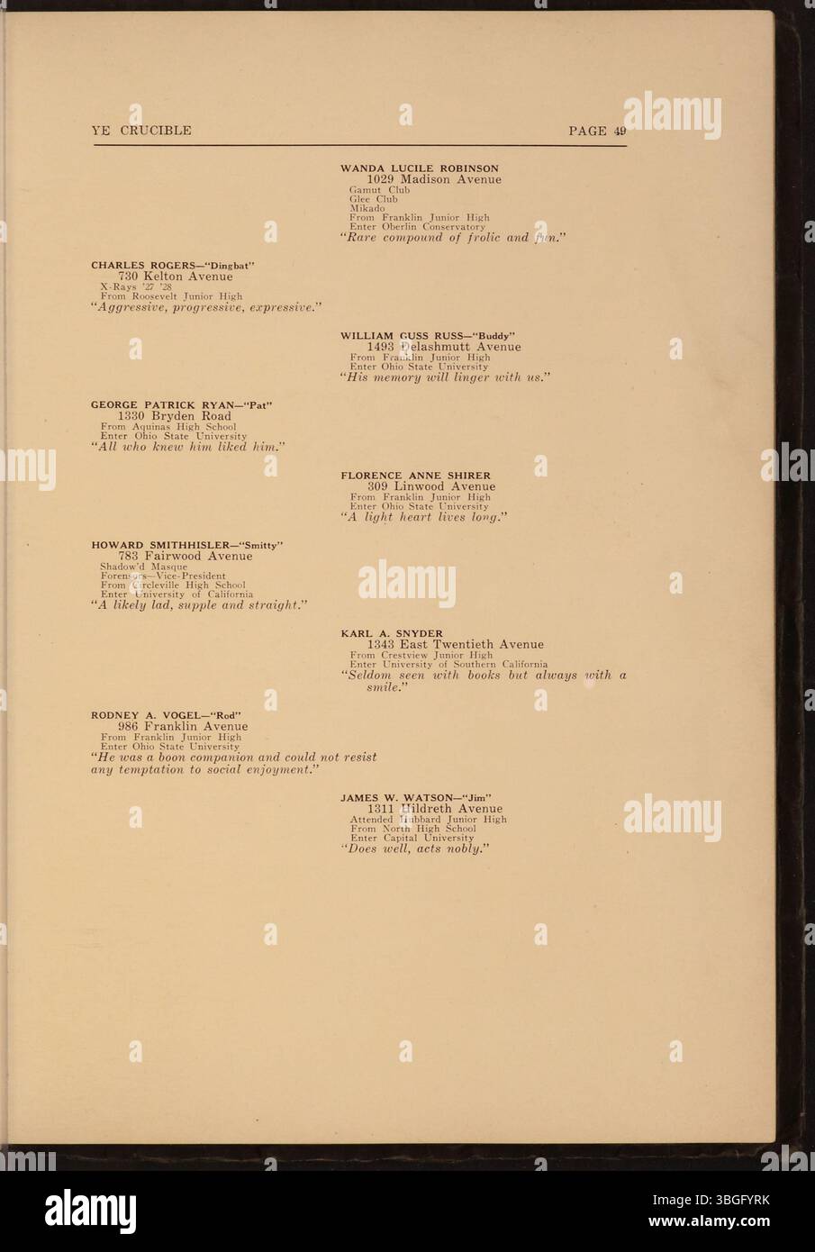 L'annuaire 1928 de l'East High School, intitulé Ye Crucible, présente le bâtiment de la deuxième East High School situé au 1500 East Broad Street, Columbus, Ohio. Le bâtiment néo-classique a été conçu par Howell & Thomas et achevé en 1922, avec sa dédicace tenue le 11 octobre 1923. L'école a subi des rénovations en décembre 2008. L'East High School a ouvert ses portes en 1899 et a déménagé à cet endroit en 1923, devenant plus tard Franklin Junior High School. Banque D'Images