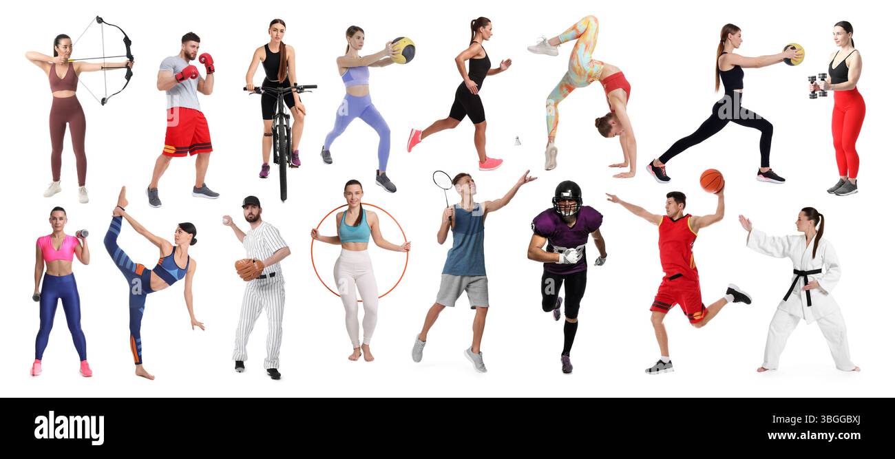 Les gens engagés dans différentes activités sportives sur fond blanc, collage Banque D'Images