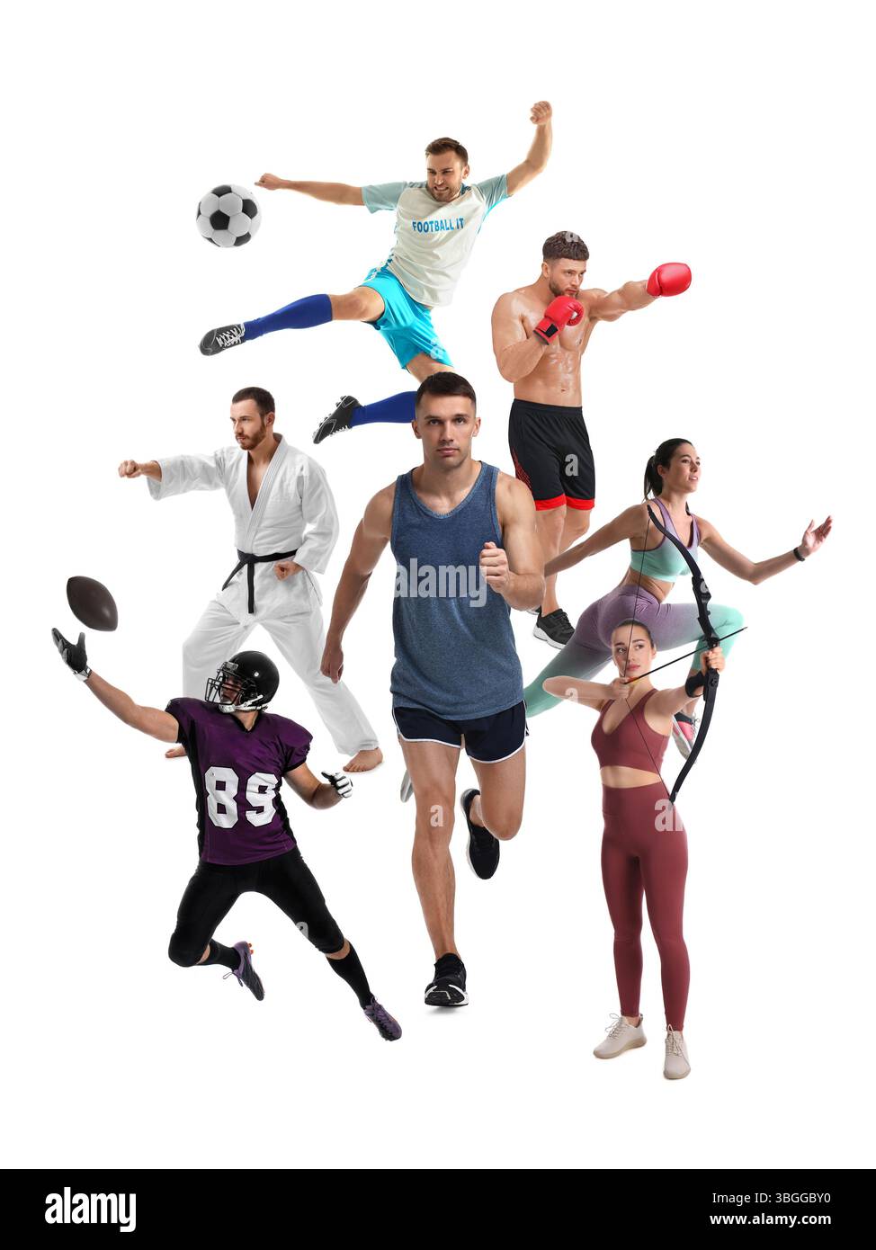 Les gens engagés dans différentes activités sportives sur fond blanc, collage Banque D'Images