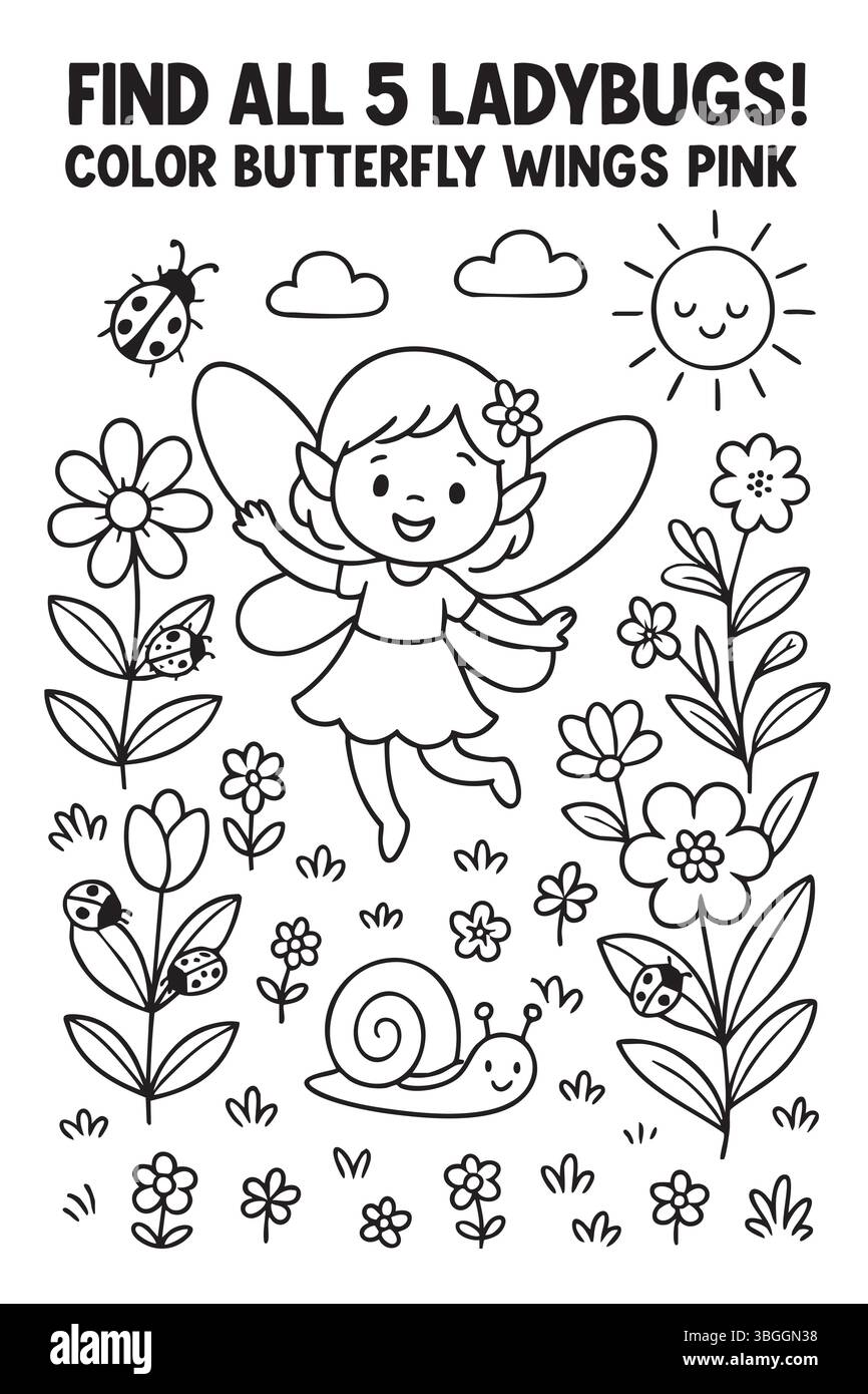 Localisez les 5 coccinelles qui ont des ailes de papillon qui sont de couleur rose Illustration de Vecteur