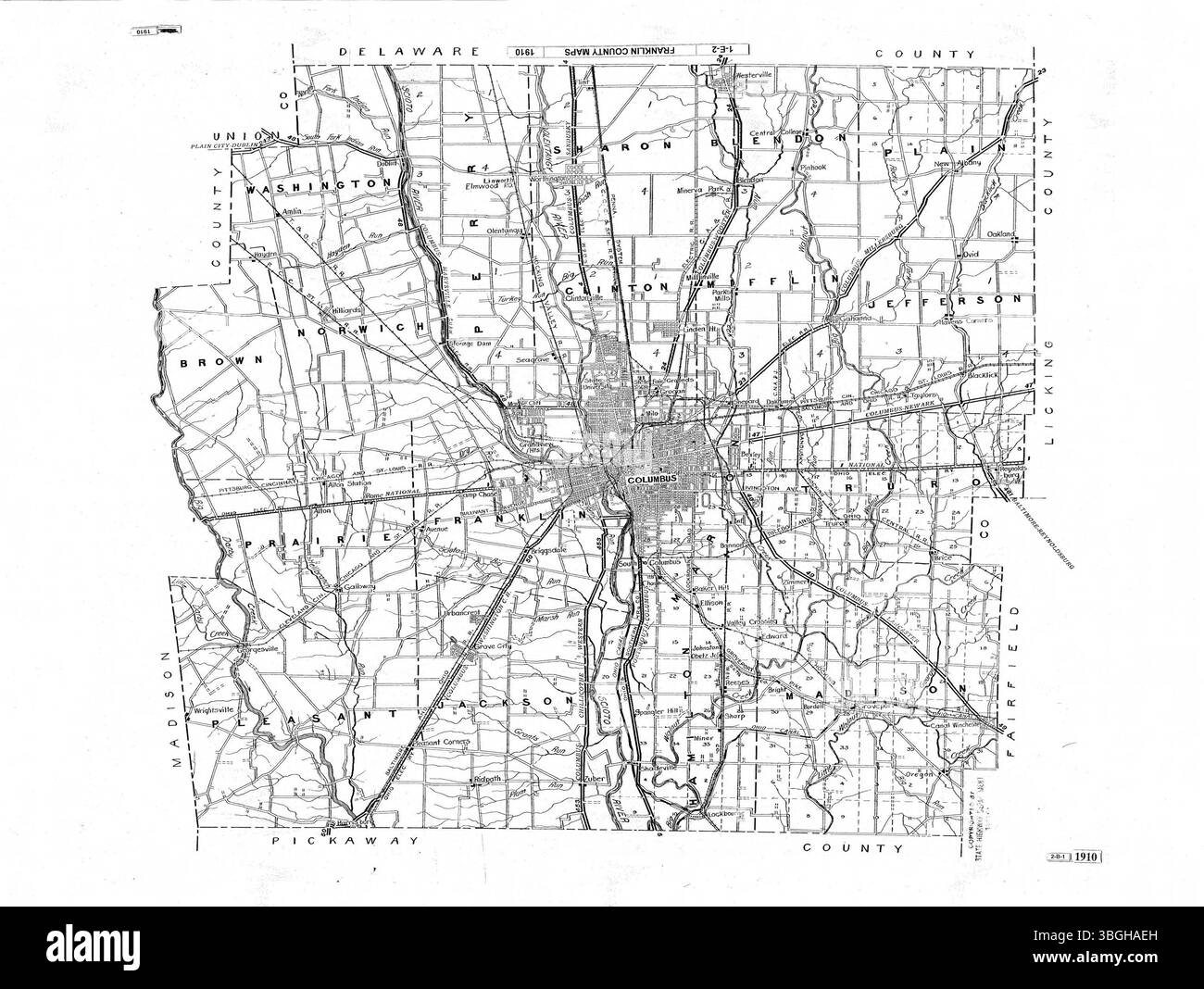 La carte de 1910 du comté de Franklin montre les cantons et les villes du comté de Franklin, Ohio. La carte met en évidence les zones urbaines et rurales et donne un aperçu historique du développement du comté au début du XXe siècle. Banque D'Images