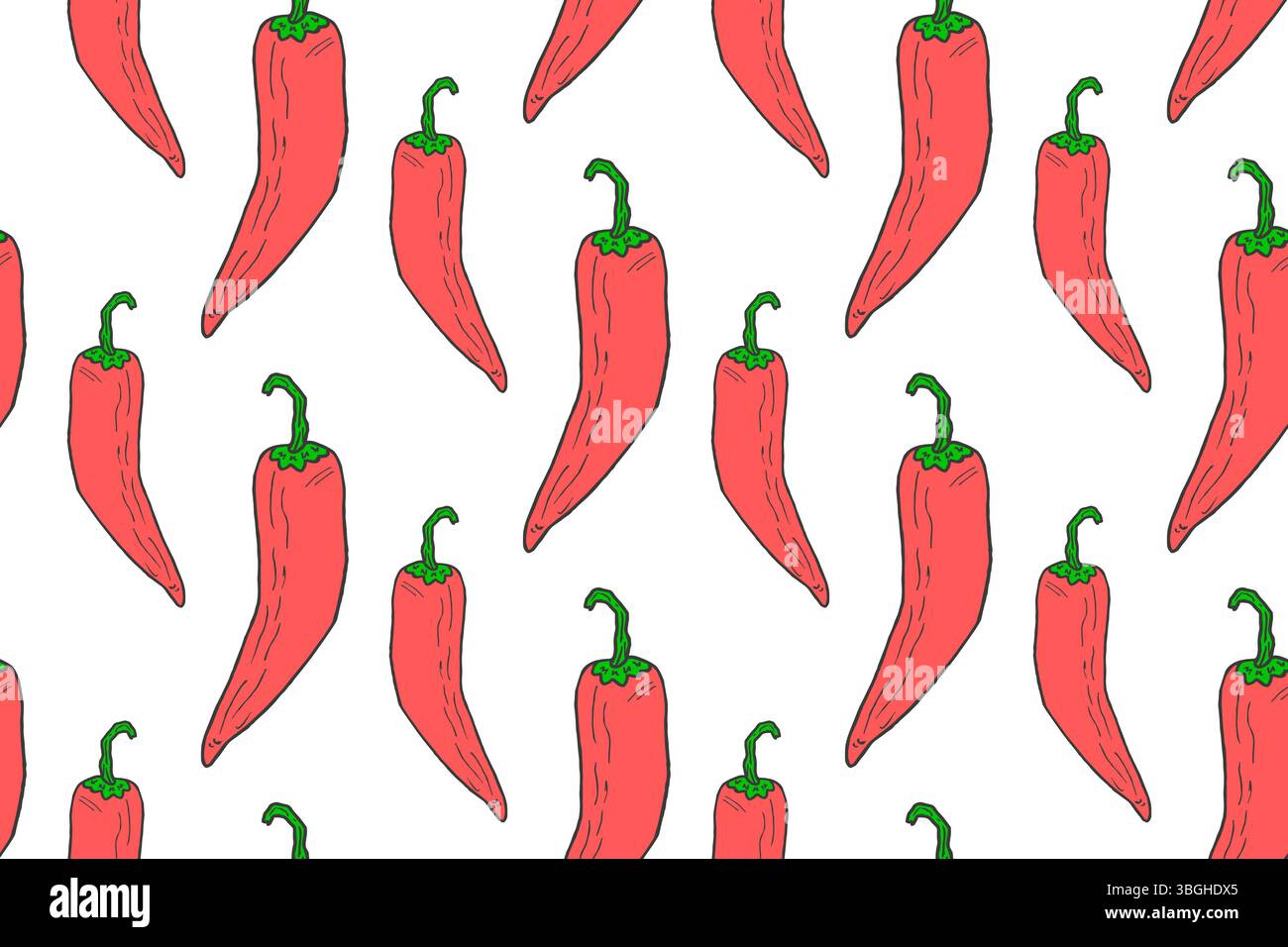 Dessin sans couture vectoriel avec des poivrons rouges piments chauds sur un fond blanc. Assaisonnement culinaire épicé, cuisine mexicaine. Imprimer pour textiles de cuisine, papier peint, vêtements. Illustration de Vecteur