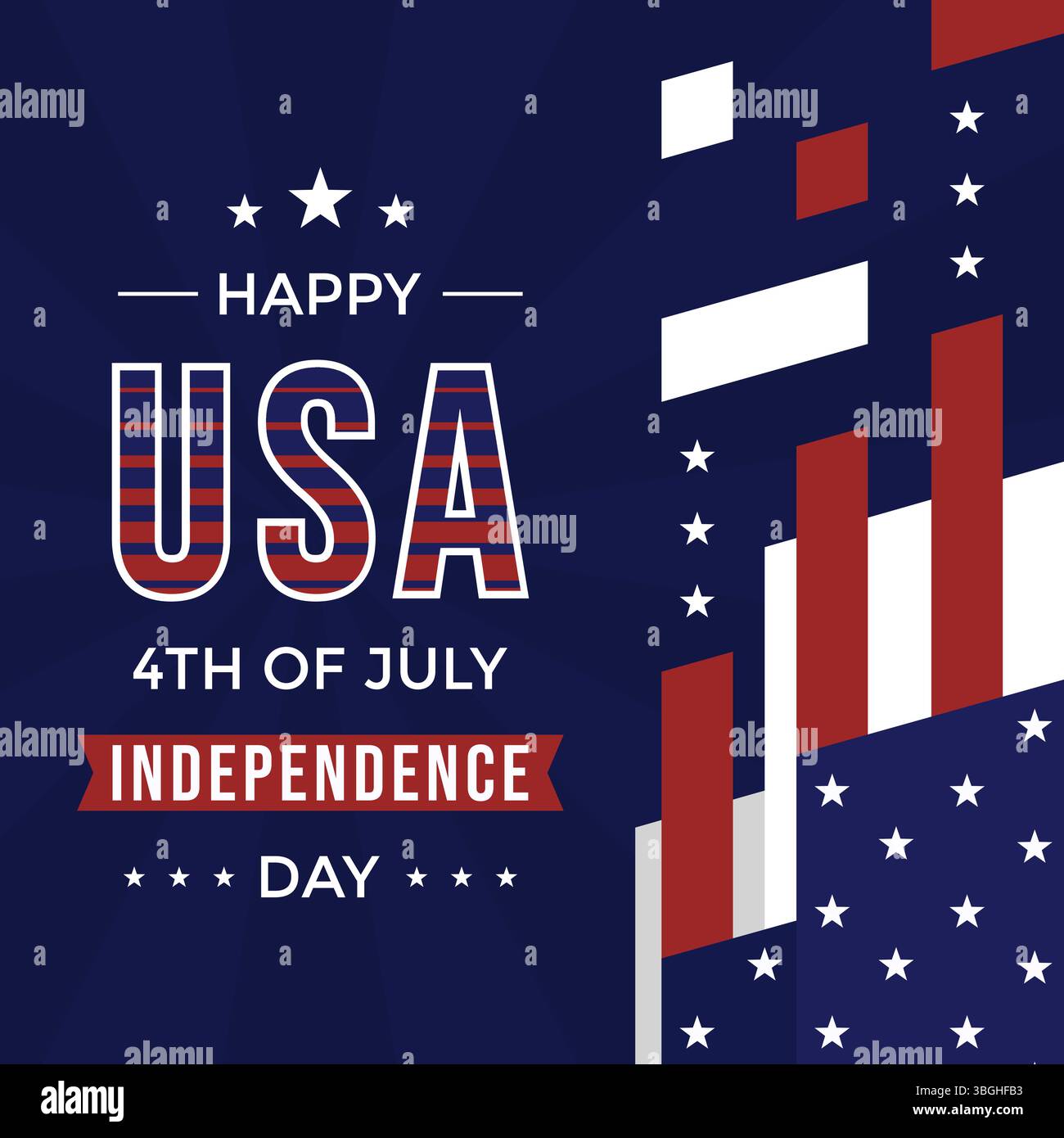 Salutation du jour de l'indépendance américaine avec des éléments de drapeau et des étoiles sur fond bleu foncé. Célébrez Happy USA 4th of July Independence Day Background Illustration de Vecteur