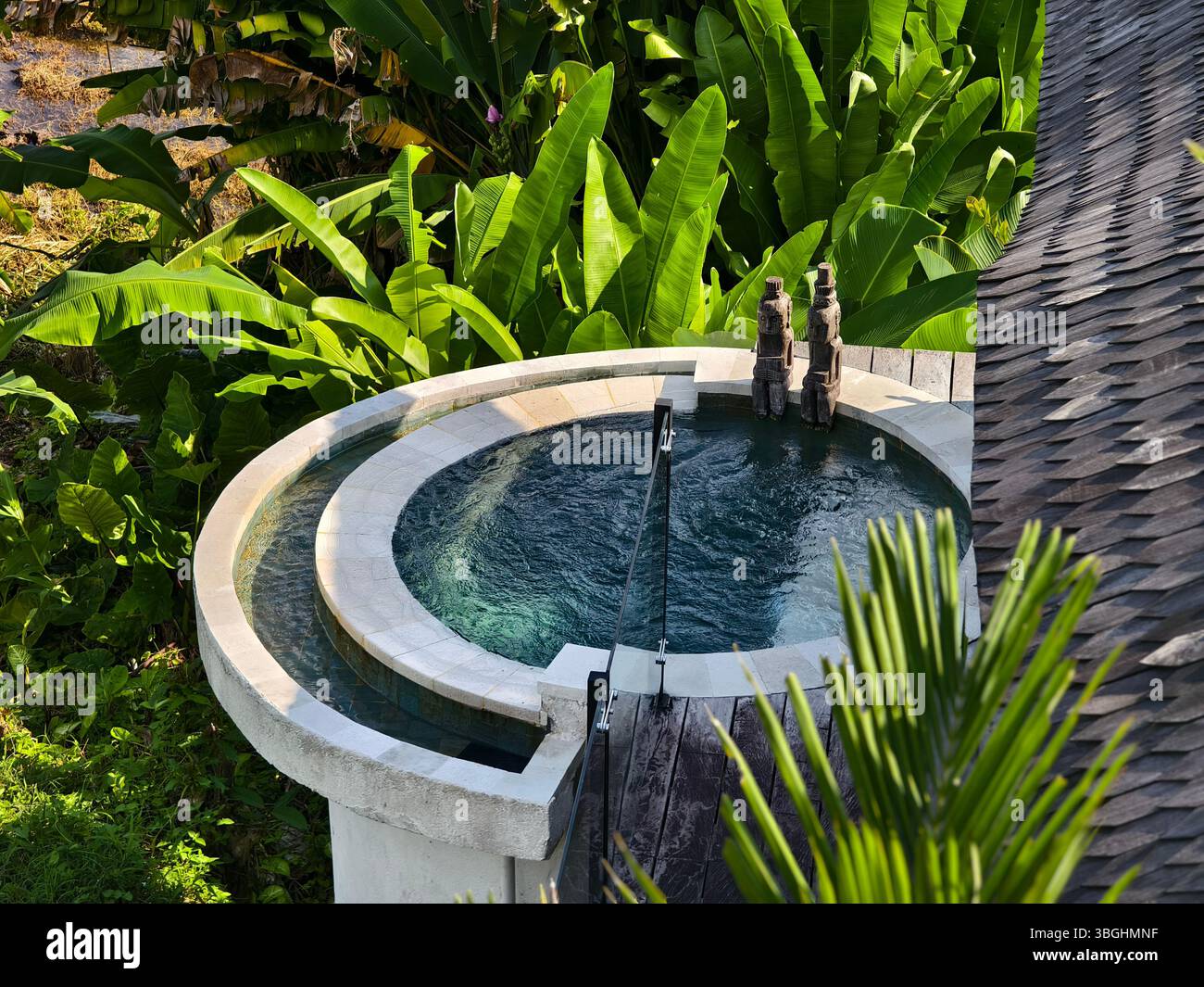Une piscine privée circulaire avec un petit bord à débordement et feuillage tropical dans une villa de luxe ou un complexe de charme Banque D'Images