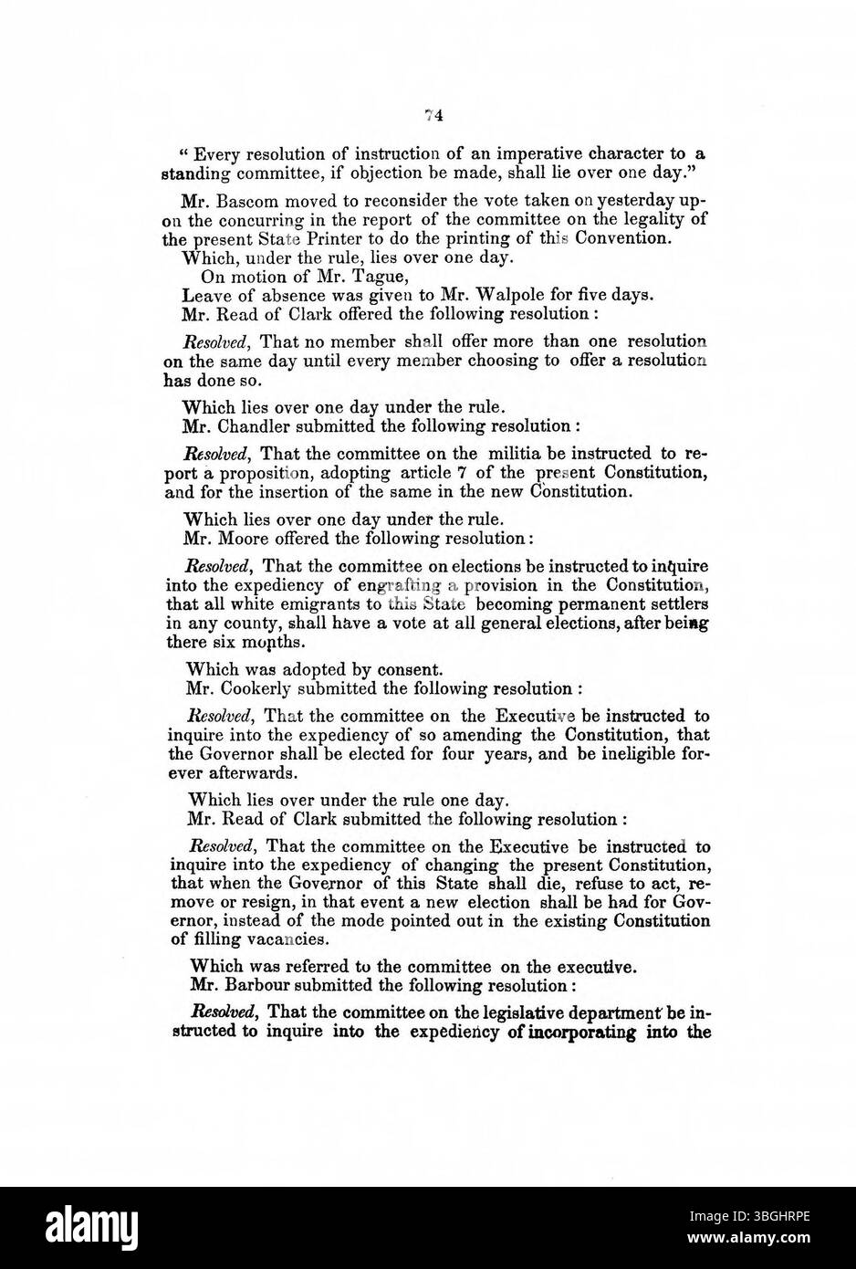 La page 75 du Journal de la Convention constitutionnelle de l'Indiana de 1850 présente les comptes rendus des discussions clés sur les changements proposés à la constitution de l'État, ainsi que les rôles des délégués dans l'élaboration de la politique et du droit de l'État. Banque D'Images